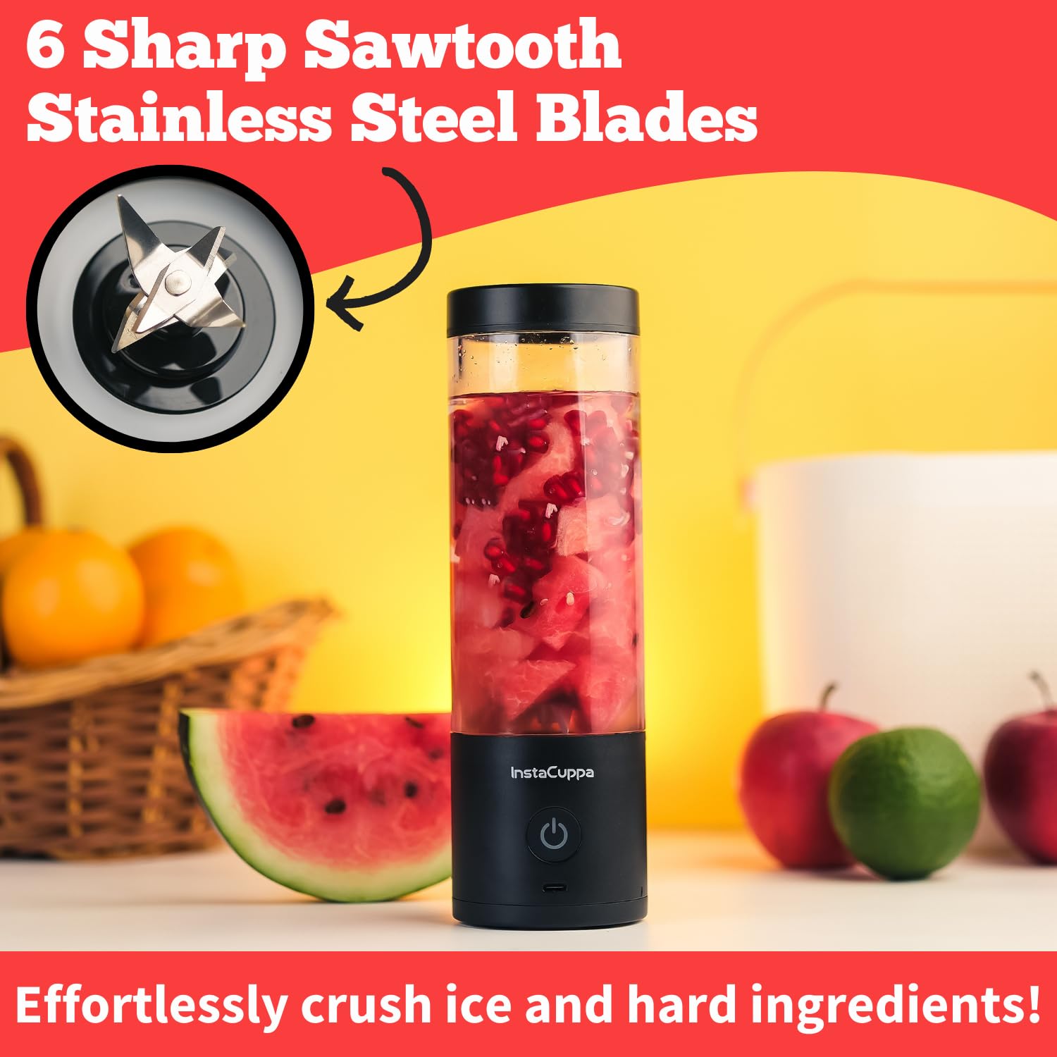InstaCuppa Ultra Slim Portable Blender Bottle – 180W Power, 3000mAh Battery, USB Type-C Rechargeable, 6 Stainless Steel Blades, 480ml Capacity with Markings, Magnetic Lock Safety (Upgraded Edition)