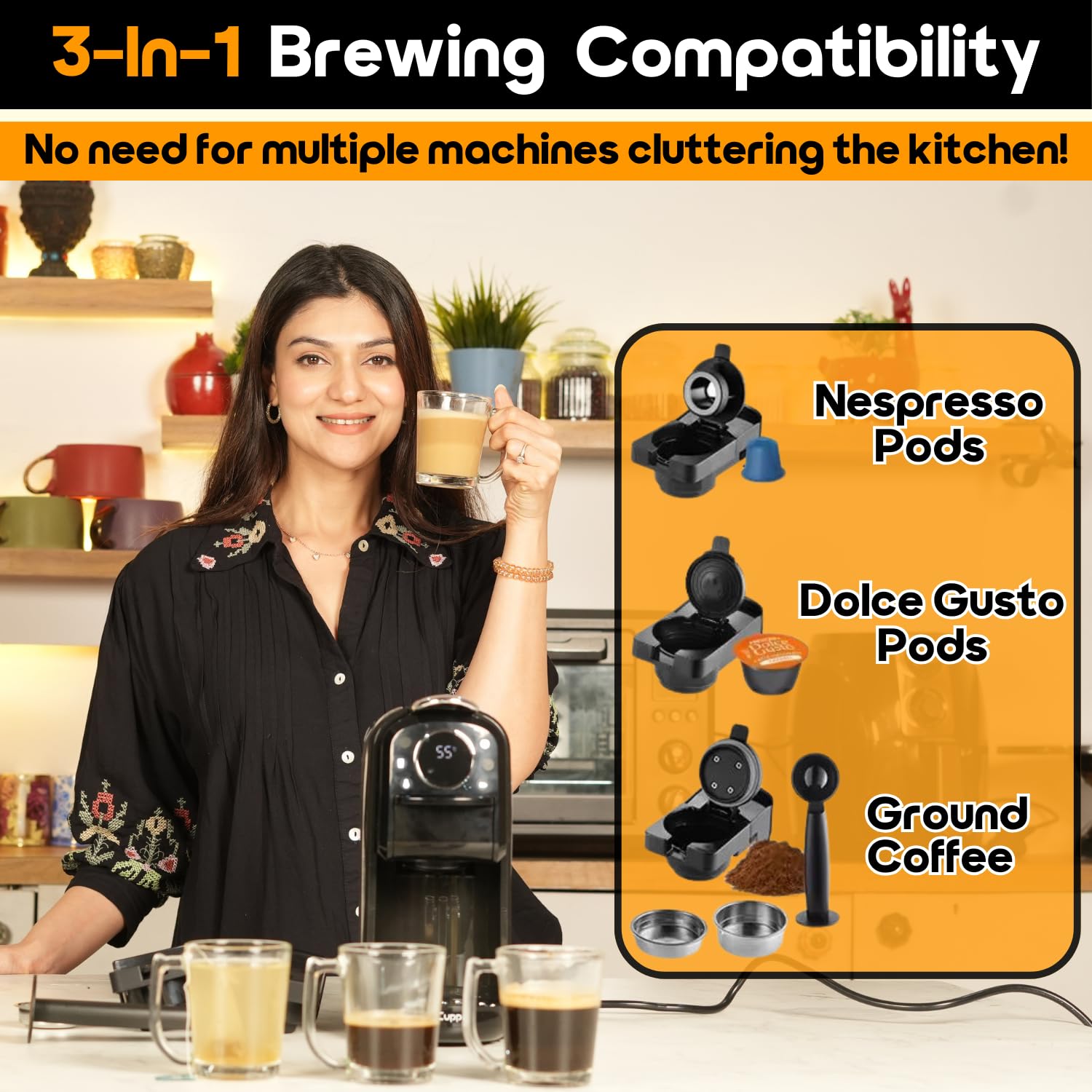 InstaCuppa 3-in-1 Espresso Coffee Maker | Works with Ground Coffee, Pods & Capsules | Electric Kettle Mode with Temperature Control | Adjustable Volume | Self-Cleaning | LED Touch Control and Display