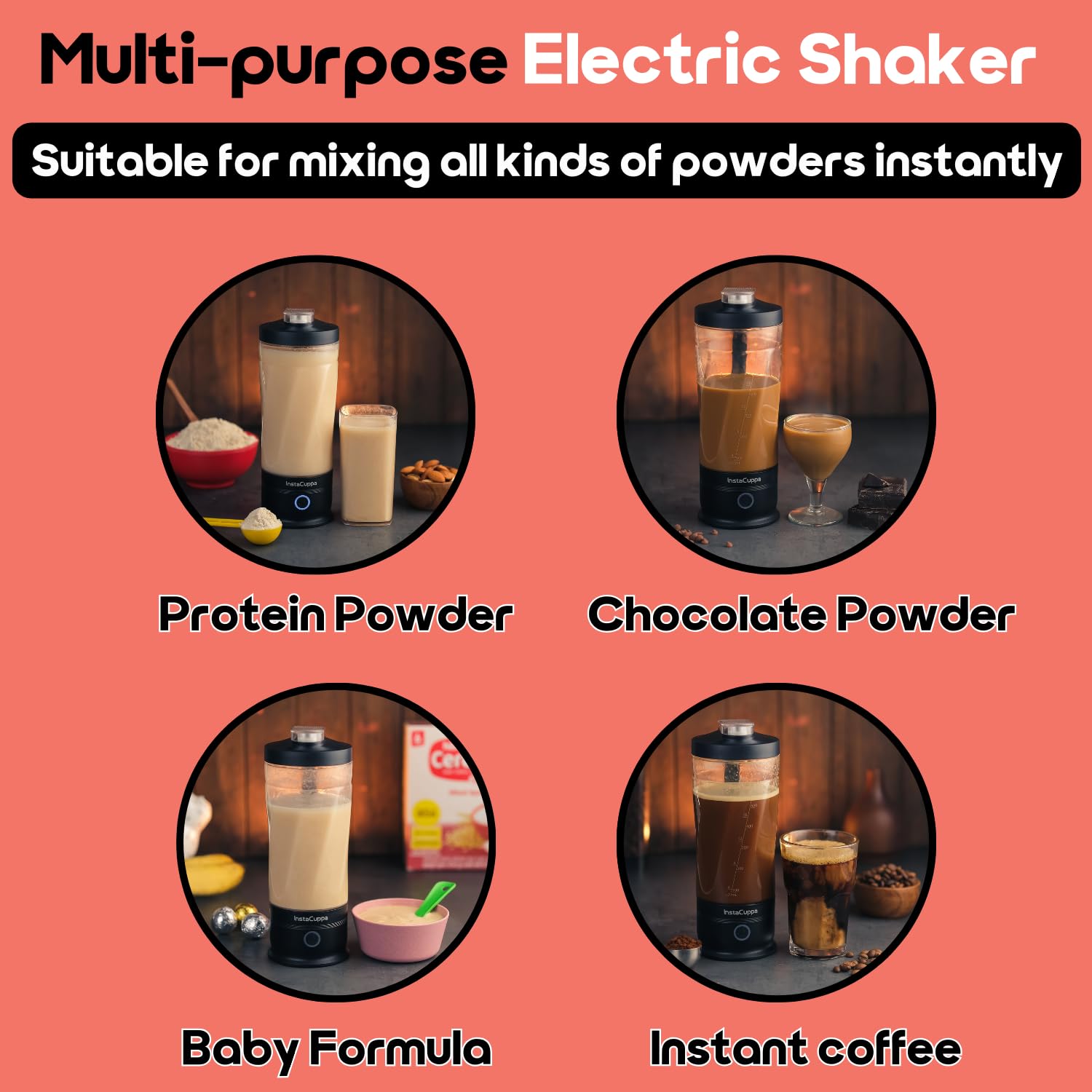 InstaCuppa Rechargeable Electric Protein Shaker – 6500 RPM, 600ml BPA-Free Jar, USB-C Rechargeable, IPX7 Waterproof, Leakproof Sports Sipper Lid, Travel-Friendly – Smooth Protein Shakes in Seconds