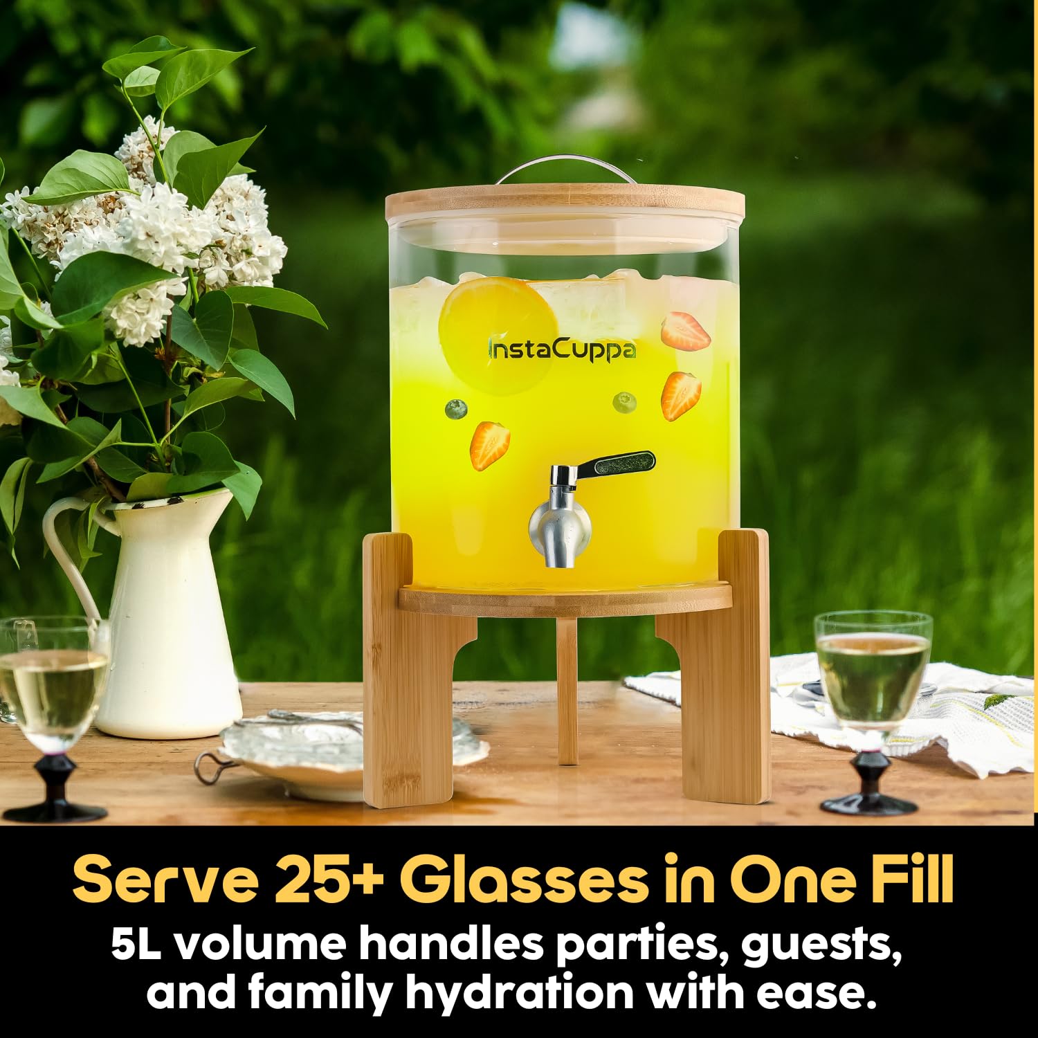 InstaCuppa 5L Glass Beverage Dispenser for Busy Moms | Inbuilt Thermometer | Thick Borosilicate Glass | Bamboo Stand, Steel Tap | for Juices, Hot & Iced Drinks, Parties & Picnics