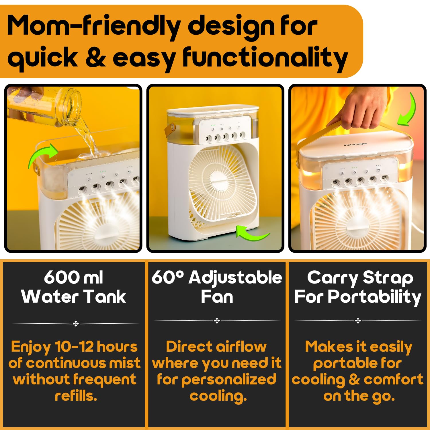 InstaCuppa Portable Humidifier with Fan, Ultrasonic Cool Mist Humidifier 600 ML - 3 Mist Settings, 3 Fan Speeds, 7 Colour LED Light, Timer, USB Powered