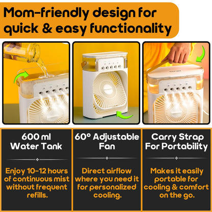 InstaCuppa Portable Humidifier with Fan, Ultrasonic Cool Mist Humidifier 600 ML - 3 Mist Settings, 3 Fan Speeds, 7 Colour LED Light, Timer, USB Powered