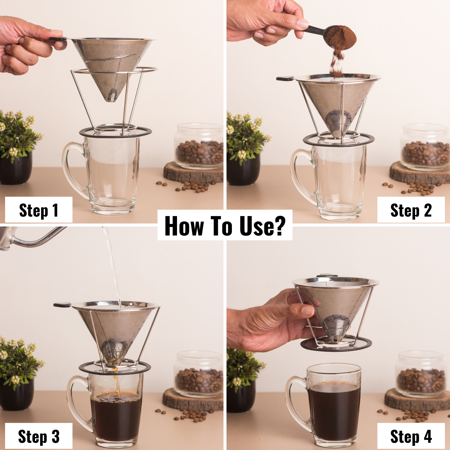 InstaCuppa Pour Over Coffee Dripper, Stainless Steel Coffee Filter Removable Dripper with Stand, Reusable Cone Dripper, 100% Paperless & Eco-Friendly, Works with Carafe