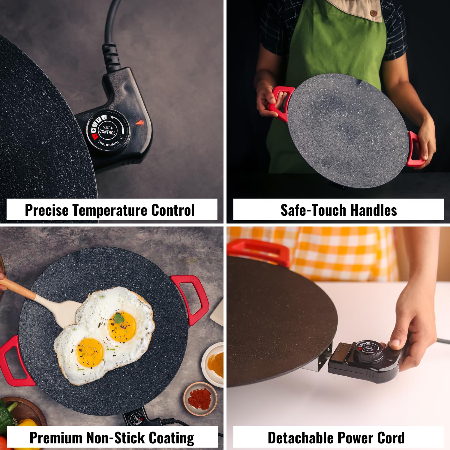 InstaCuppa Portable Electric Tawa 14 Inch (35 CM) with Temperature Control - Ideal for Dosa, Roti, Chapati, Uthappam, Paratha, Naan - Large Non-Stick Surface - Safe, Quick & Even Heating, 1500 Watts
