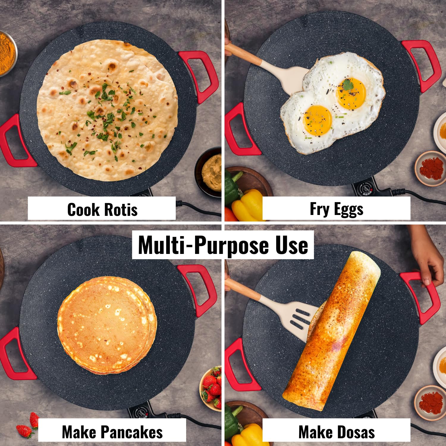 InstaCuppa Portable Electric Tawa 14 Inch (35 CM) with Temperature Control - Ideal for Dosa, Roti, Chapati, Uthappam, Paratha, Naan - Large Non-Stick Surface - Safe, Quick & Even Heating, 1500 Watts