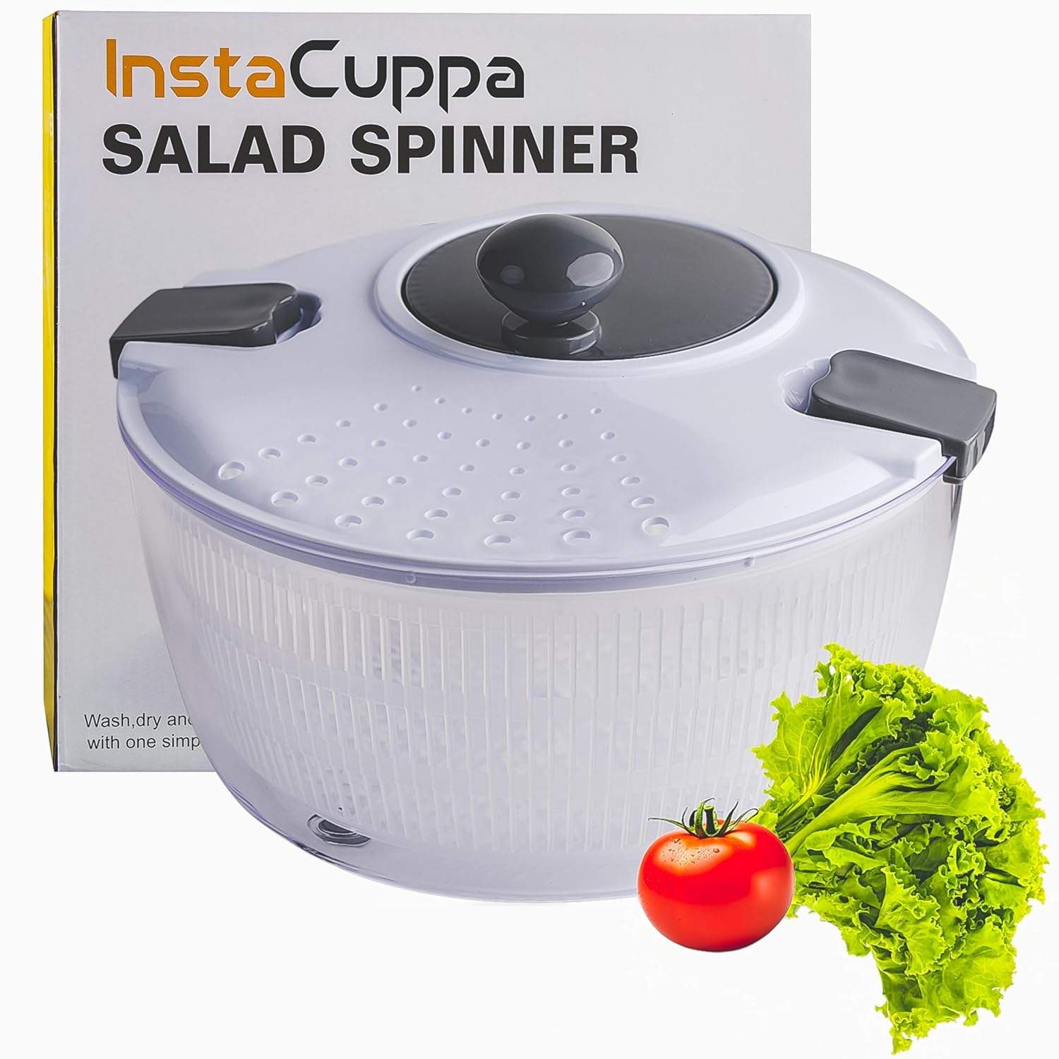 InstaCuppa 4L Salad Spinner and Dryer, BPA-Free, Multi-Function Pasta Bowl and Strainer for Kitchen, Includes Stainless Steel Vegetable Slicer, Carrot Grater & Shredder, Easy Food Washing & Drying