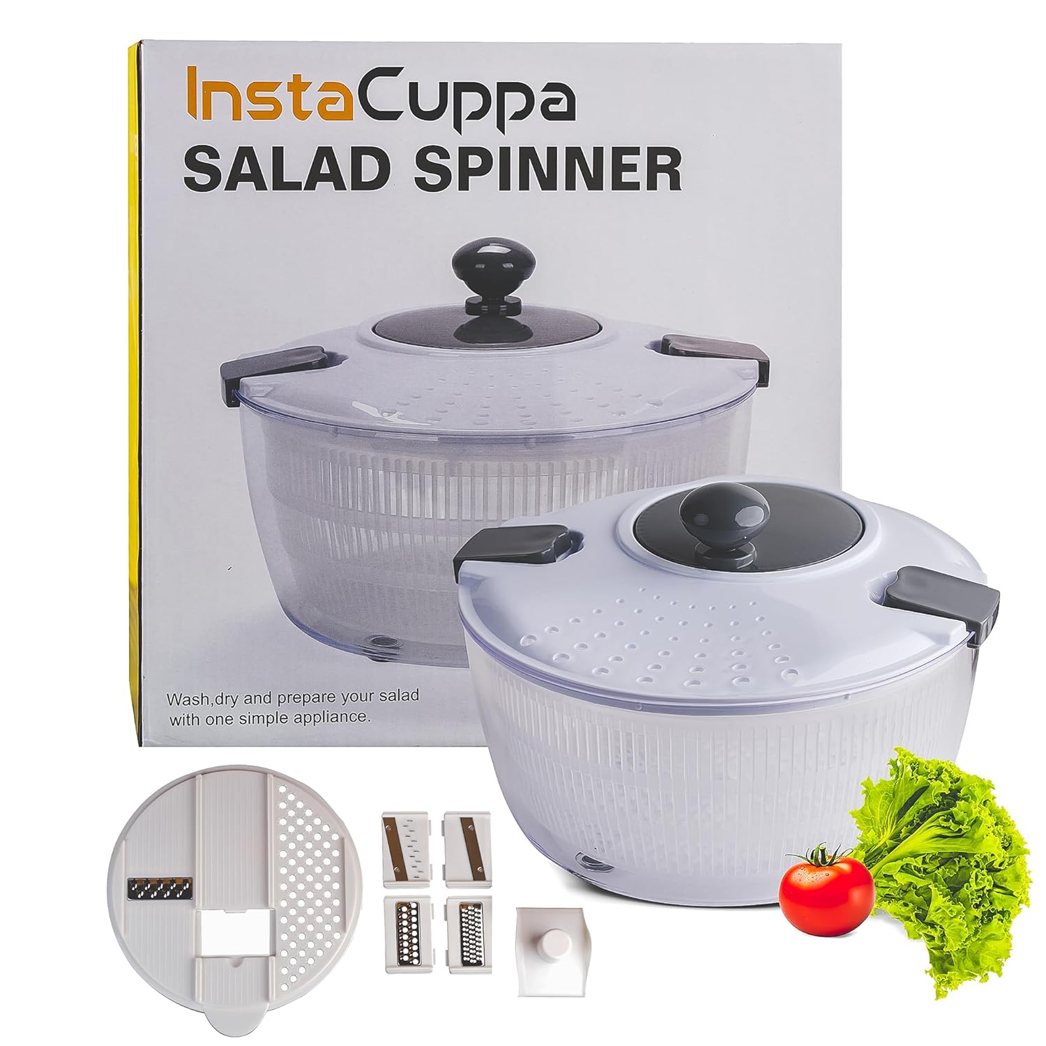InstaCuppa 4L Salad Spinner and Dryer, BPA-Free, Multi-Function Pasta Bowl and Strainer for Kitchen, Includes Stainless Steel Vegetable Slicer, Carrot Grater & Shredder, Easy Food Washing & Drying