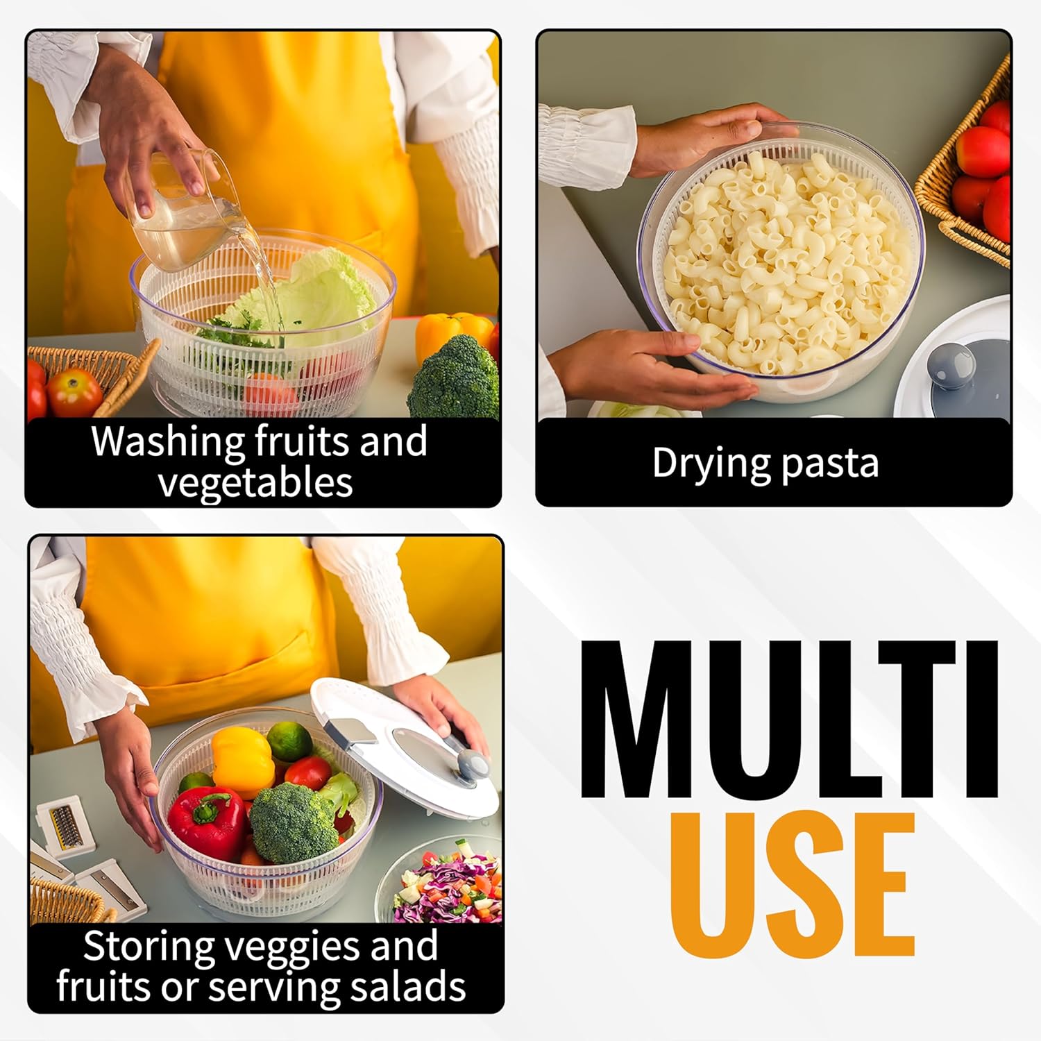 InstaCuppa 4L Salad Spinner and Dryer, BPA-Free, Multi-Function Pasta Bowl and Strainer for Kitchen, Includes Stainless Steel Vegetable Slicer, Carrot Grater & Shredder, Easy Food Washing & Drying