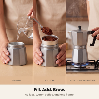InstaCuppa Aluminium Moka Pot - Silver - fill, screw, brew on the stove · 300 ml · 6 cup