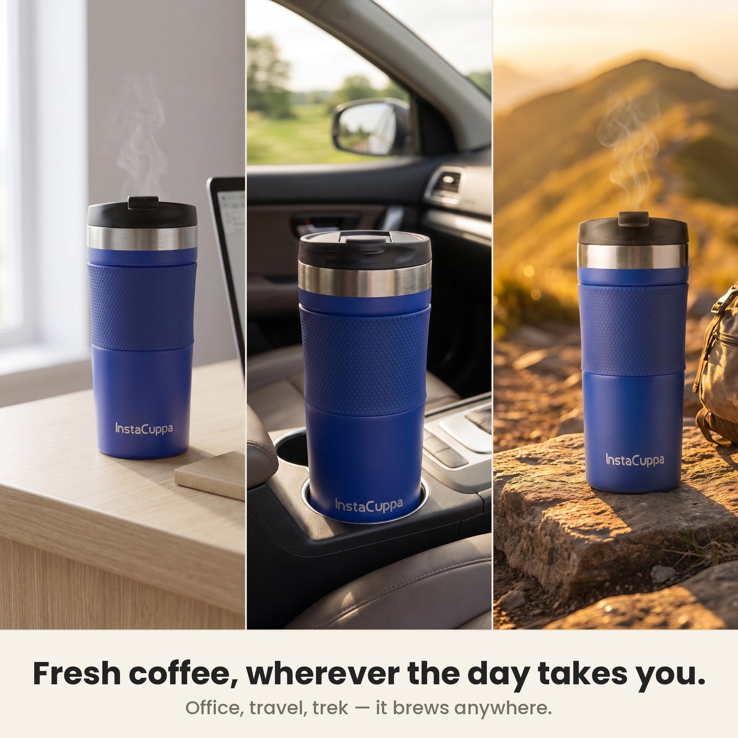 Navy blue InstaCuppa French Press Travel Mug for fresh coffee at the office, on travel and on a mountain trek