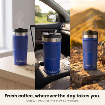 Navy blue InstaCuppa French Press Travel Mug for fresh coffee at the office, on travel and on a mountain trek