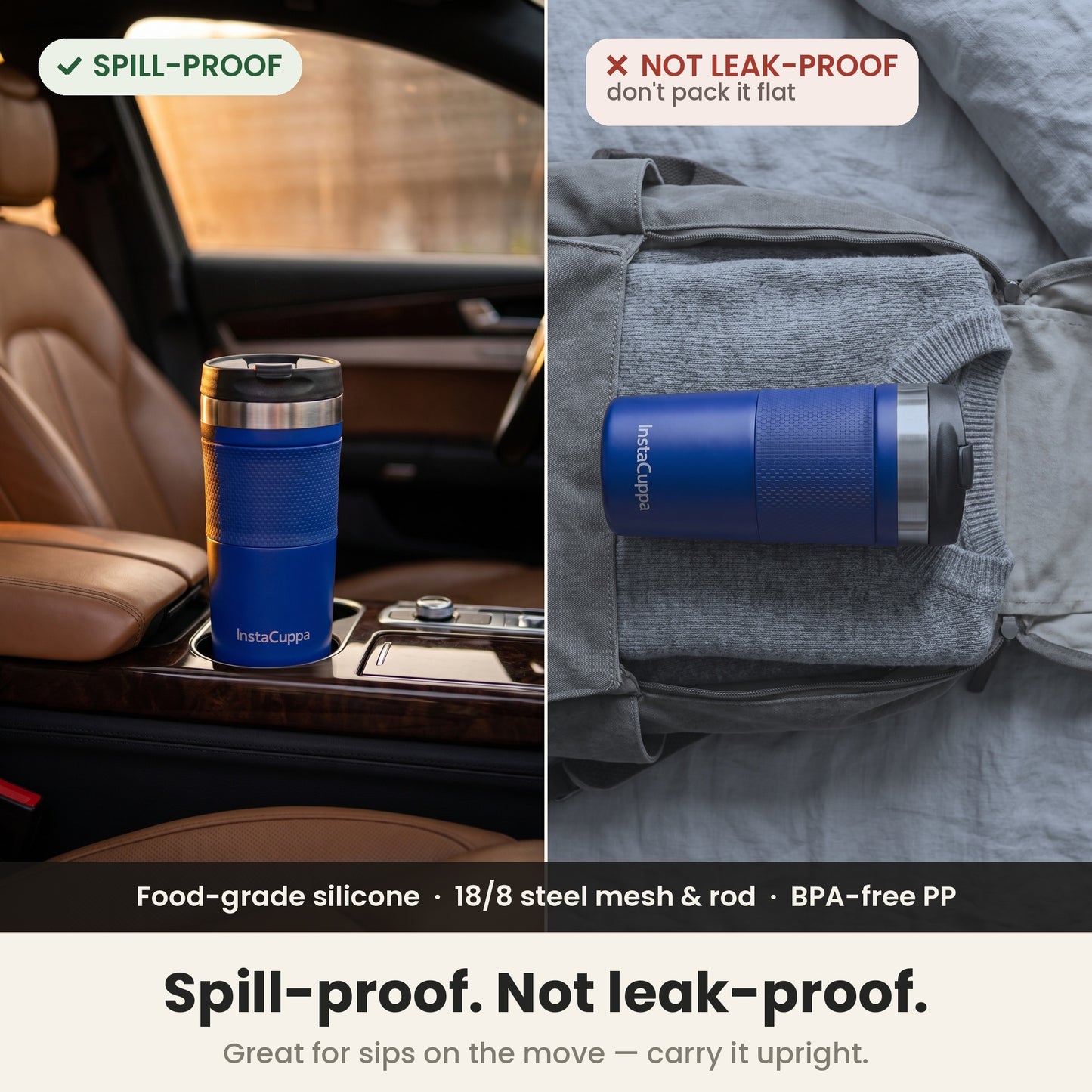 Navy blue InstaCuppa French Press Travel Mug spill-proof flip-top lid, made for sips on the move, carry it upright