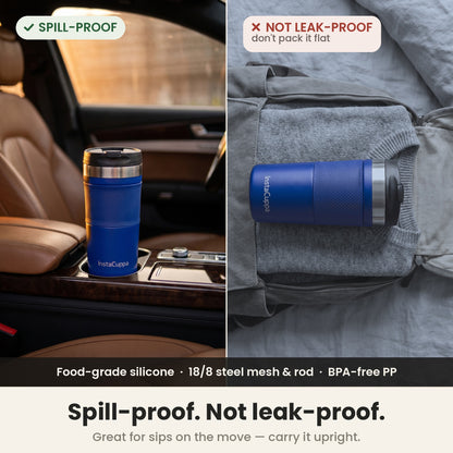 Navy blue InstaCuppa French Press Travel Mug spill-proof flip-top lid, made for sips on the move, carry it upright