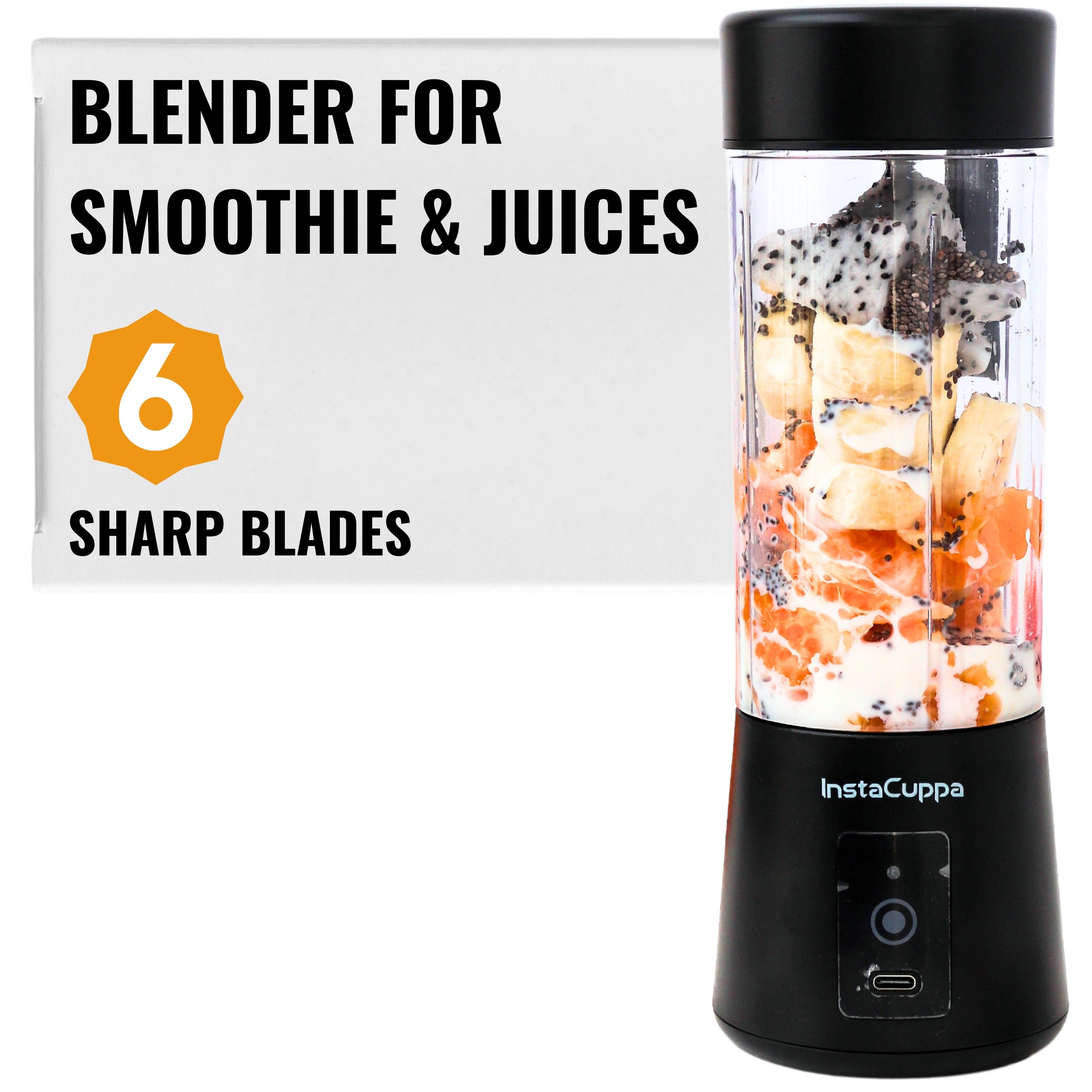 InstaCuppa Portable Blender for Smoothie and Juices, Milk Shakes, Crushing Ice, USB Rechargeable Blender Machine for Kitchen with 2000 mAh Battery, 150 W Motor, 400 ML, Built-in Jar (Normal Edition)