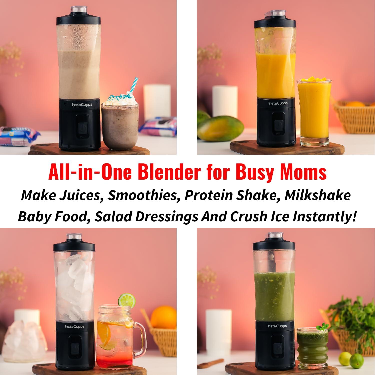 InstaCuppa Portable Blender Bottle | Long Lasting 6000 mAh Battery with Fast Charging | LED Display for Battery Status & 40-Second Blend Timer | Sipper Lid & Detachable Bottom Cap | 230 Watts, 600 ML
