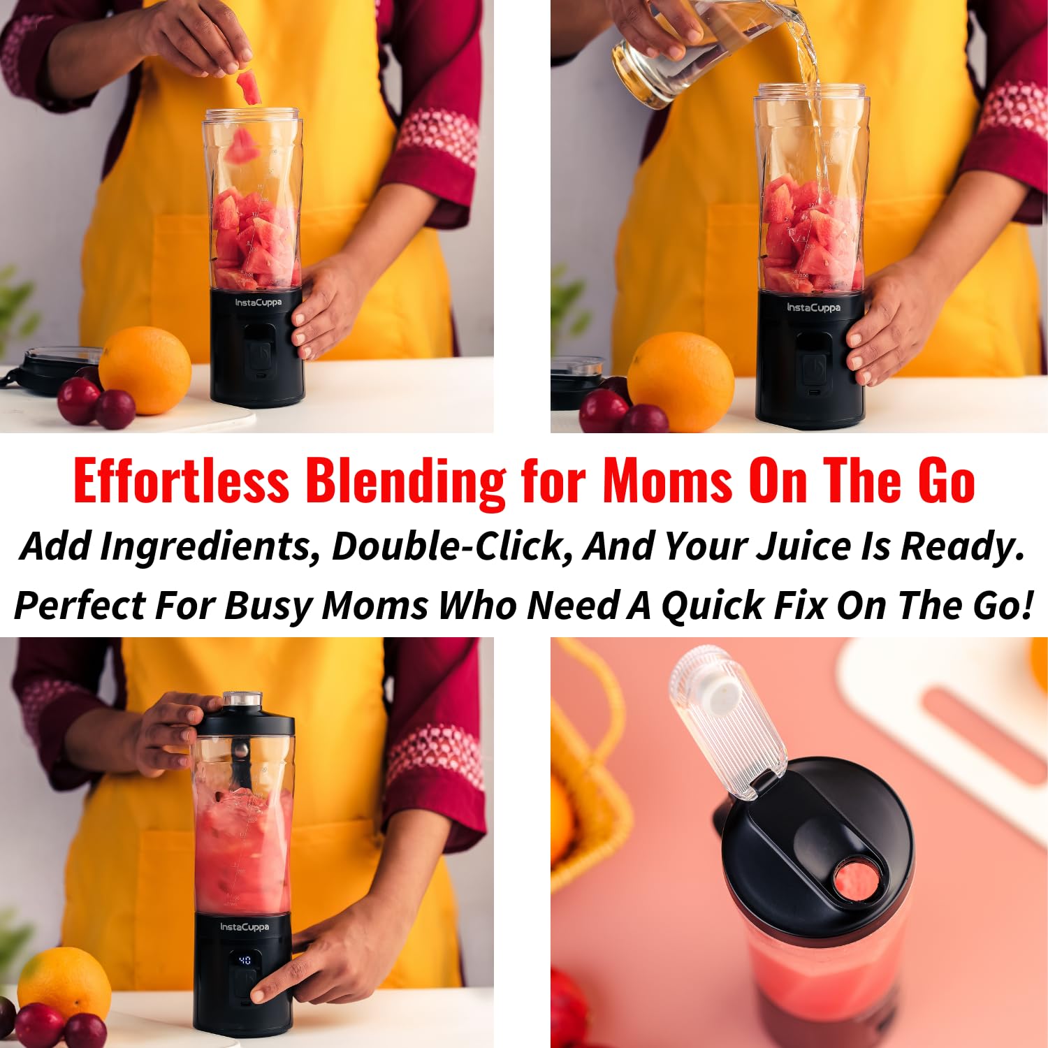 InstaCuppa Portable Blender Bottle | Long Lasting 6000 mAh Battery with Fast Charging | LED Display for Battery Status & 40-Second Blend Timer | Sipper Lid & Detachable Bottom Cap | 230 Watts, 600 ML