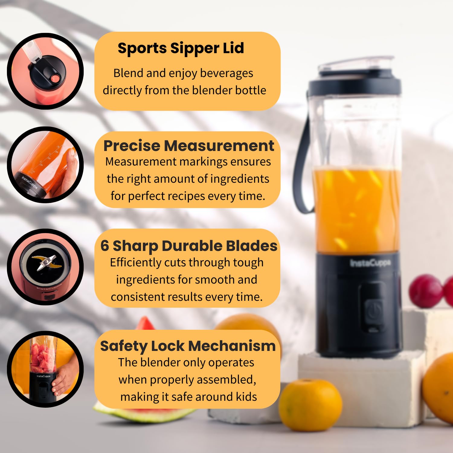 InstaCuppa Portable Blender Bottle | Long Lasting 6000 mAh Battery with Fast Charging | LED Display for Battery Status & 40-Second Blend Timer | Sipper Lid & Detachable Bottom Cap | 230 Watts, 600 ML