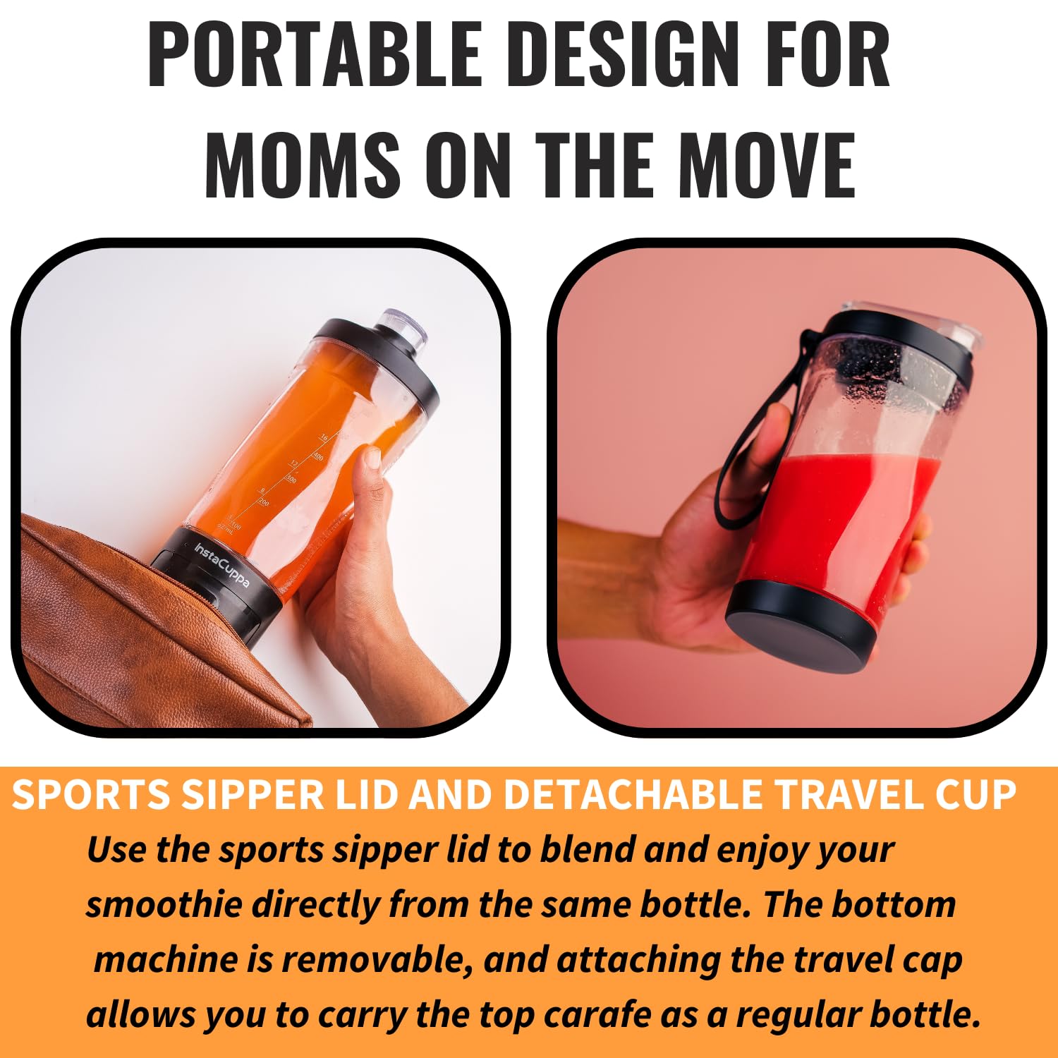 InstaCuppa Portable Blender Bottle | Long Lasting 6000 mAh Battery with Fast Charging | LED Display for Battery Status & 40-Second Blend Timer | Sipper Lid & Detachable Bottom Cap | 230 Watts, 600 ML