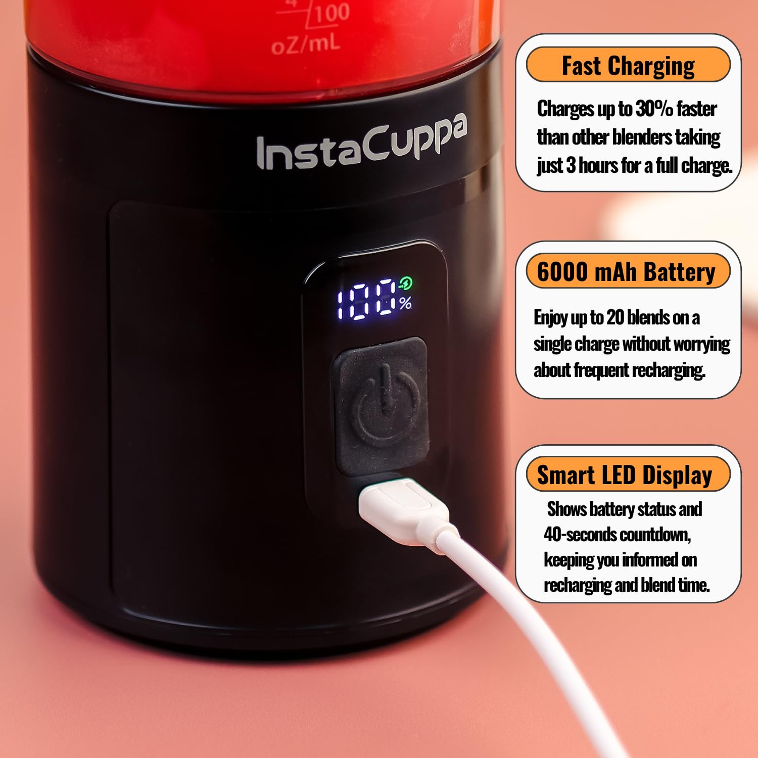 InstaCuppa Portable Blender Bottle | Long Lasting 6000 mAh Battery with Fast Charging | LED Display for Battery Status & 40-Second Blend Timer | Sipper Lid & Detachable Bottom Cap | 230 Watts, 600 ML