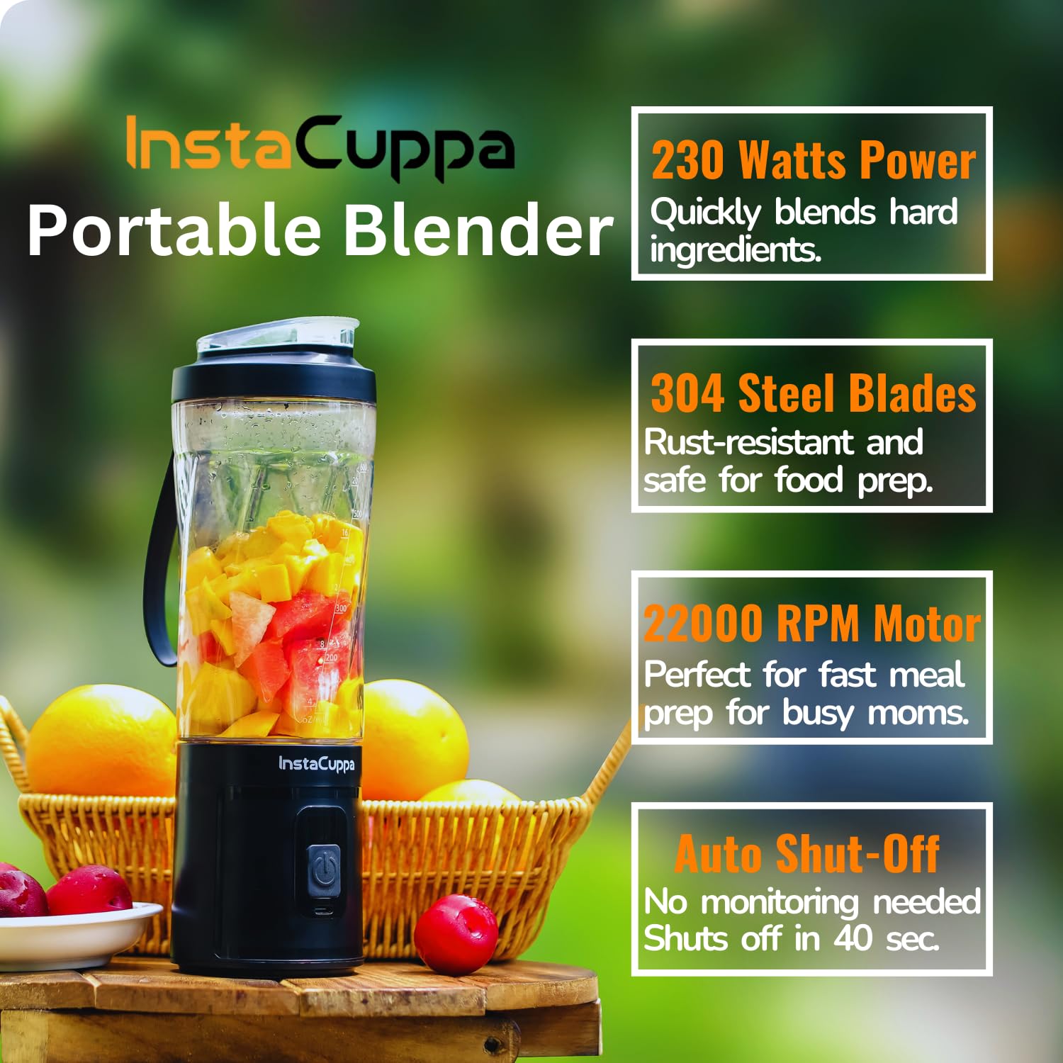 InstaCuppa Portable Blender Bottle | Long Lasting 6000 mAh Battery with Fast Charging | LED Display for Battery Status & 40-Second Blend Timer | Sipper Lid & Detachable Bottom Cap | 230 Watts, 600 ML