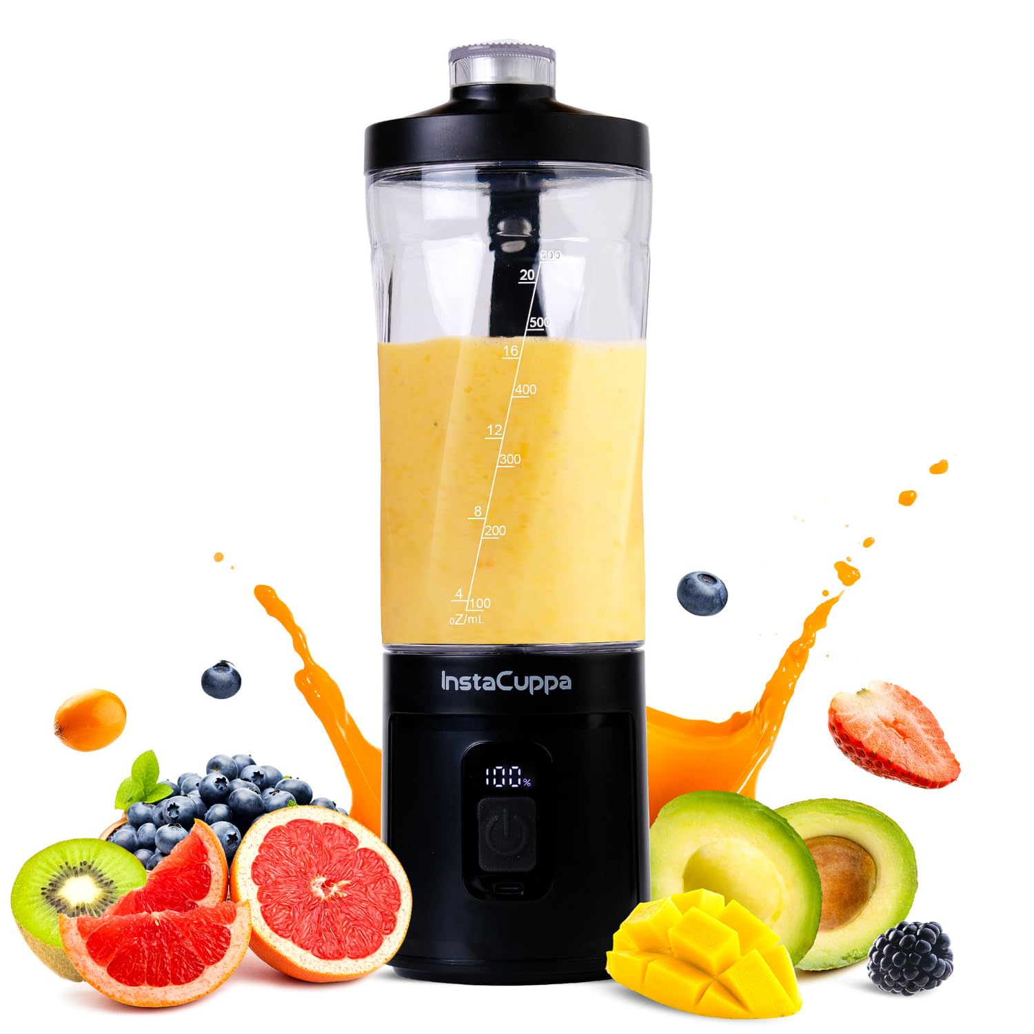 InstaCuppa Portable Blender Bottle | Long Lasting 6000 mAh Battery with Fast Charging | LED Display for Battery Status & 40-Second Blend Timer | Sipper Lid & Detachable Bottom Cap | 230 Watts, 600 ML
