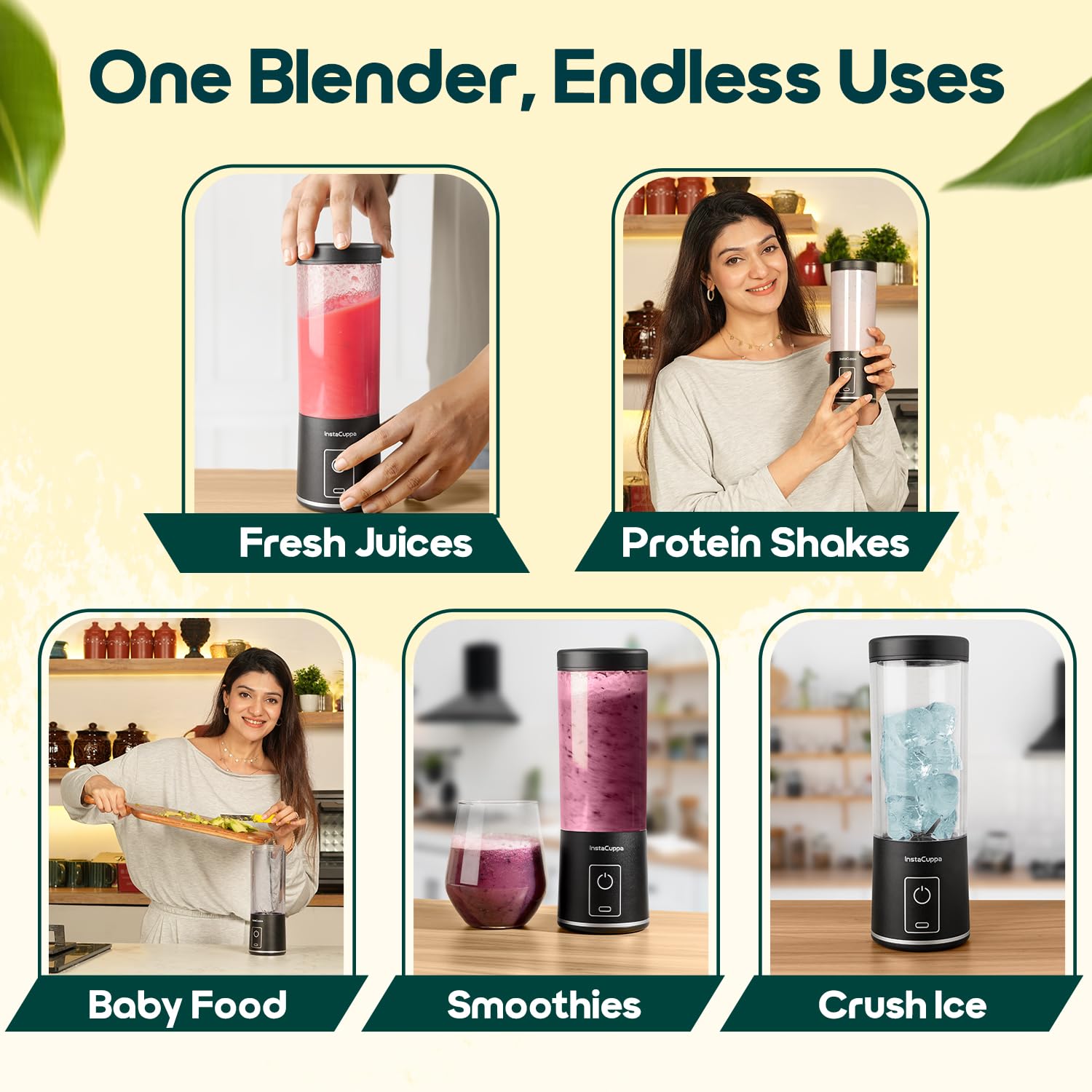 InstaCuppa Portable Blender Bottle – USB Rechargeable, 450ml, 304 Stainless Steel Blades, 22000 RPM, Quick Blend & Pulse Mode, Child Lock, for Smoothies, Shakes, Baby Food, Travel-Friendly