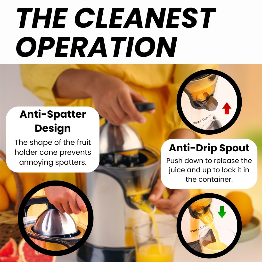 InstaCuppa Citrus Juicer Electrical for Busy Moms, Quiet Copper DC Motor Juice Machine, 3 Cone Sizes, Effortless Ergonomic Handle, Electric Juicer for Fruits, BPA-Free, Easy to Clean, 1-Year Warranty