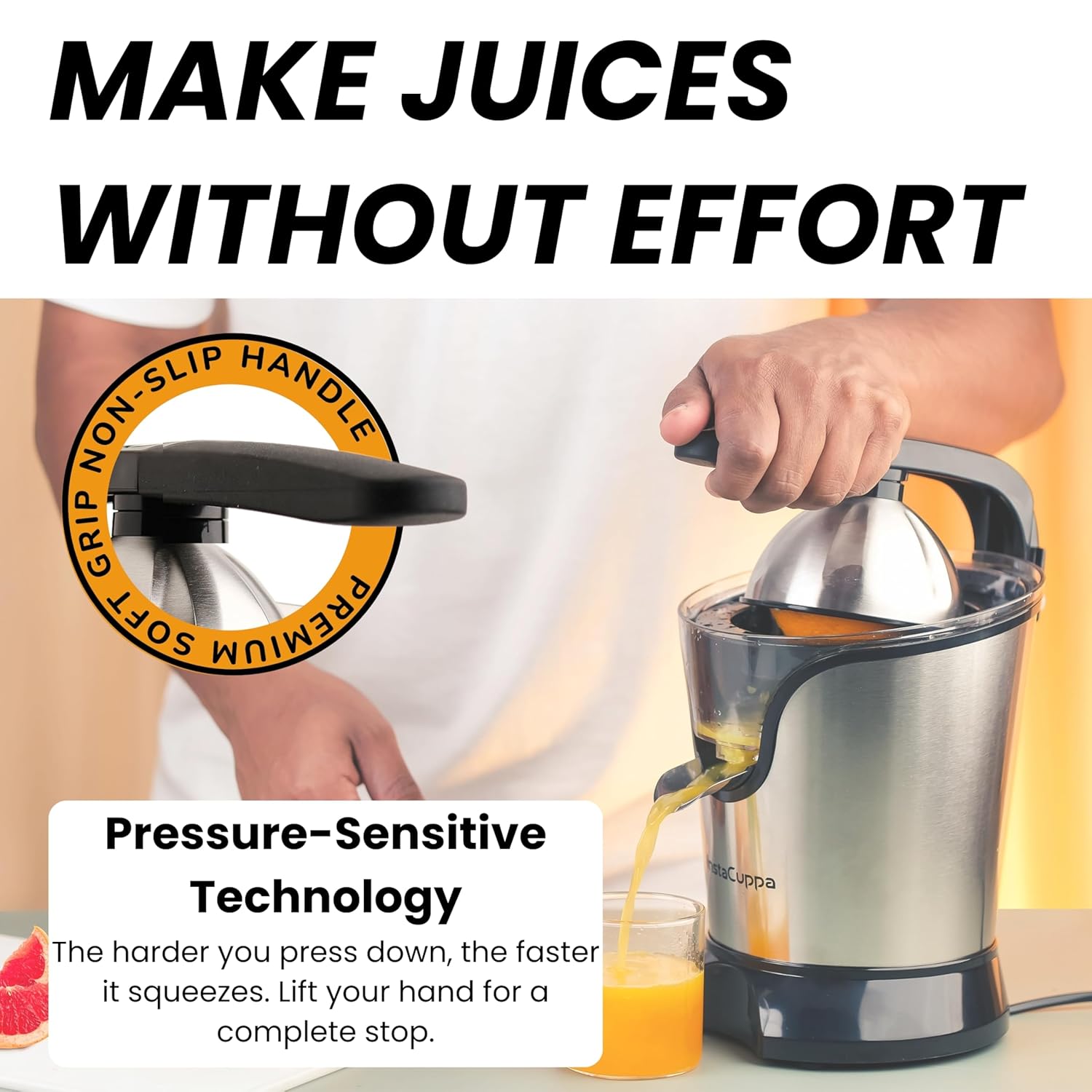 InstaCuppa Citrus Juicer Electrical for Busy Moms, Quiet Copper DC Motor Juice Machine, 3 Cone Sizes, Effortless Ergonomic Handle, Electric Juicer for Fruits, BPA-Free, Easy to Clean, 1-Year Warranty