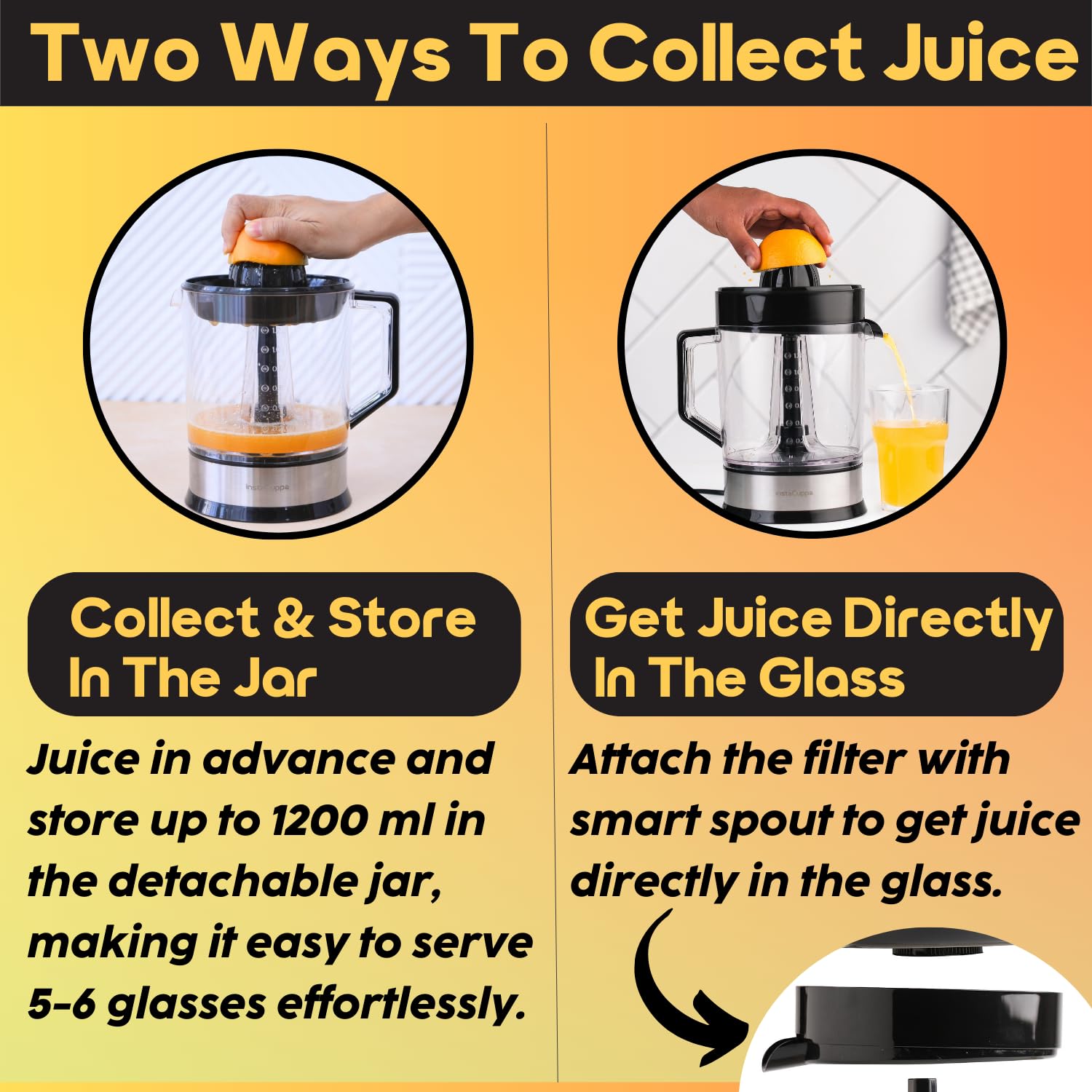 InstaCuppa Electric Citrus Juicer for Busy Moms | Quiet 40W Copper Motor | Dual Cones for Small & Large Fruits | BPA-Free | 1200ml Jar | Maximum Juice Extraction for Lemon, Orange & Sweet Lime
