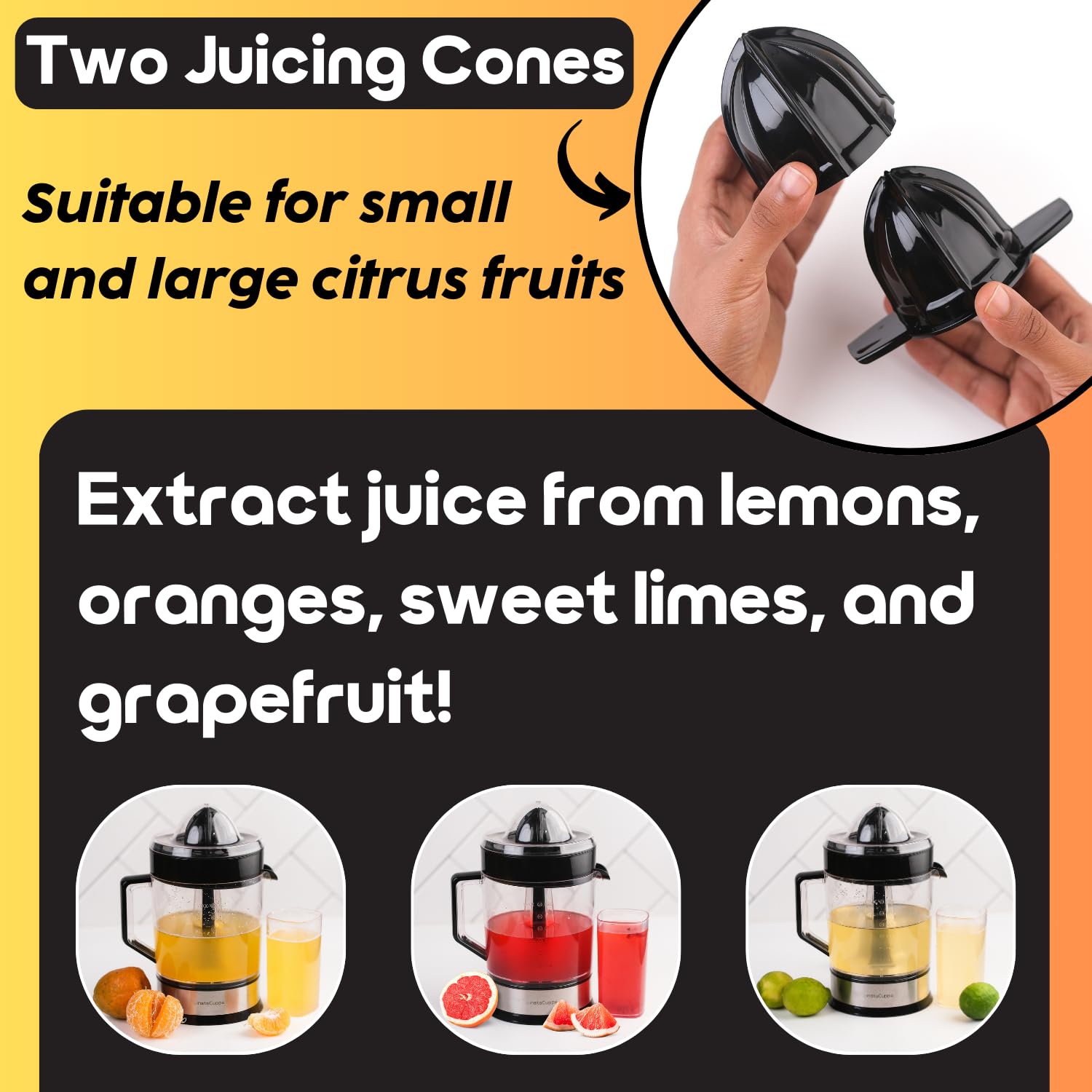 InstaCuppa Electric Citrus Juicer for Busy Moms | Quiet 40W Copper Motor | Dual Cones for Small & Large Fruits | BPA-Free | 1200ml Jar | Maximum Juice Extraction for Lemon, Orange & Sweet Lime
