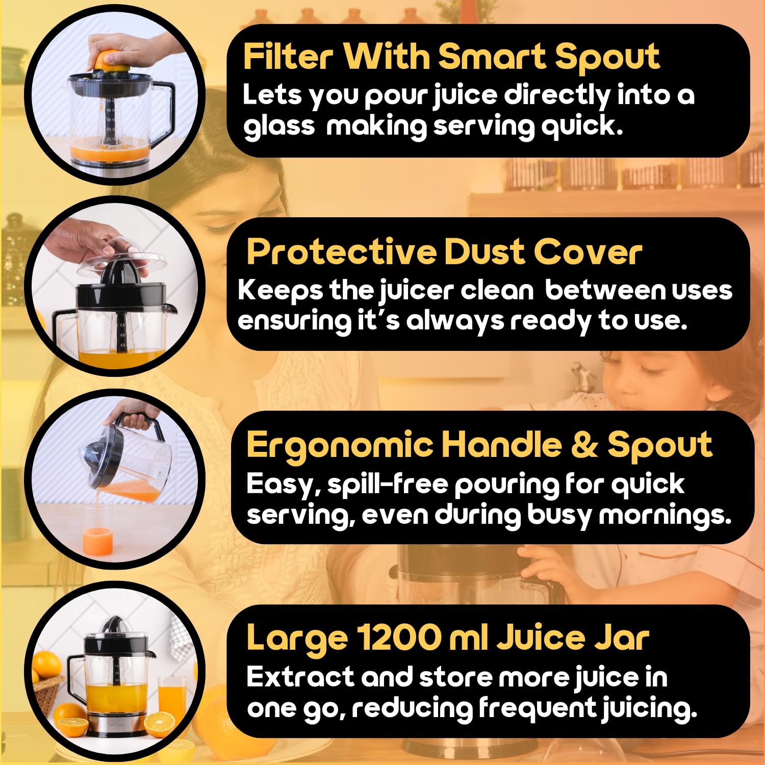 InstaCuppa Electric Citrus Juicer for Busy Moms | Quiet 40W Copper Motor | Dual Cones for Small & Large Fruits | BPA-Free | 1200ml Jar | Maximum Juice Extraction for Lemon, Orange & Sweet Lime