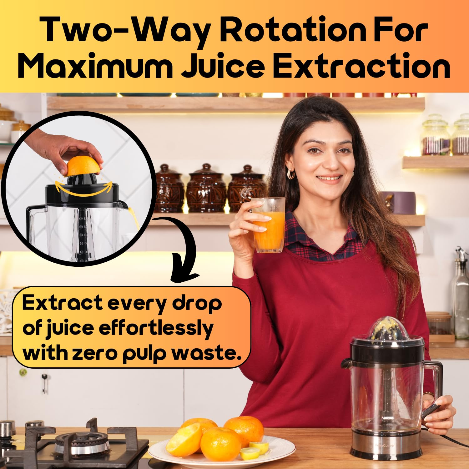 InstaCuppa Electric Citrus Juicer for Busy Moms | Quiet 40W Copper Motor | Dual Cones for Small & Large Fruits | BPA-Free | 1200ml Jar | Maximum Juice Extraction for Lemon, Orange & Sweet Lime