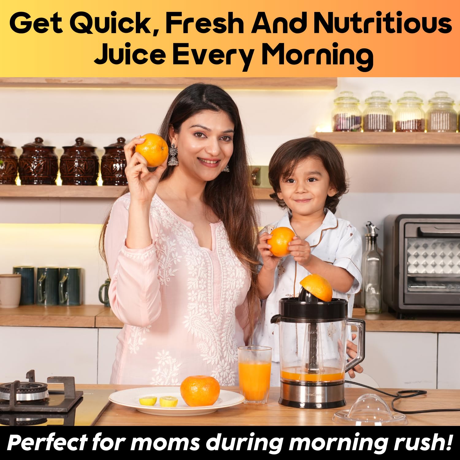 InstaCuppa Electric Citrus Juicer for Busy Moms | Quiet 40W Copper Motor | Dual Cones for Small & Large Fruits | BPA-Free | 1200ml Jar | Maximum Juice Extraction for Lemon, Orange & Sweet Lime
