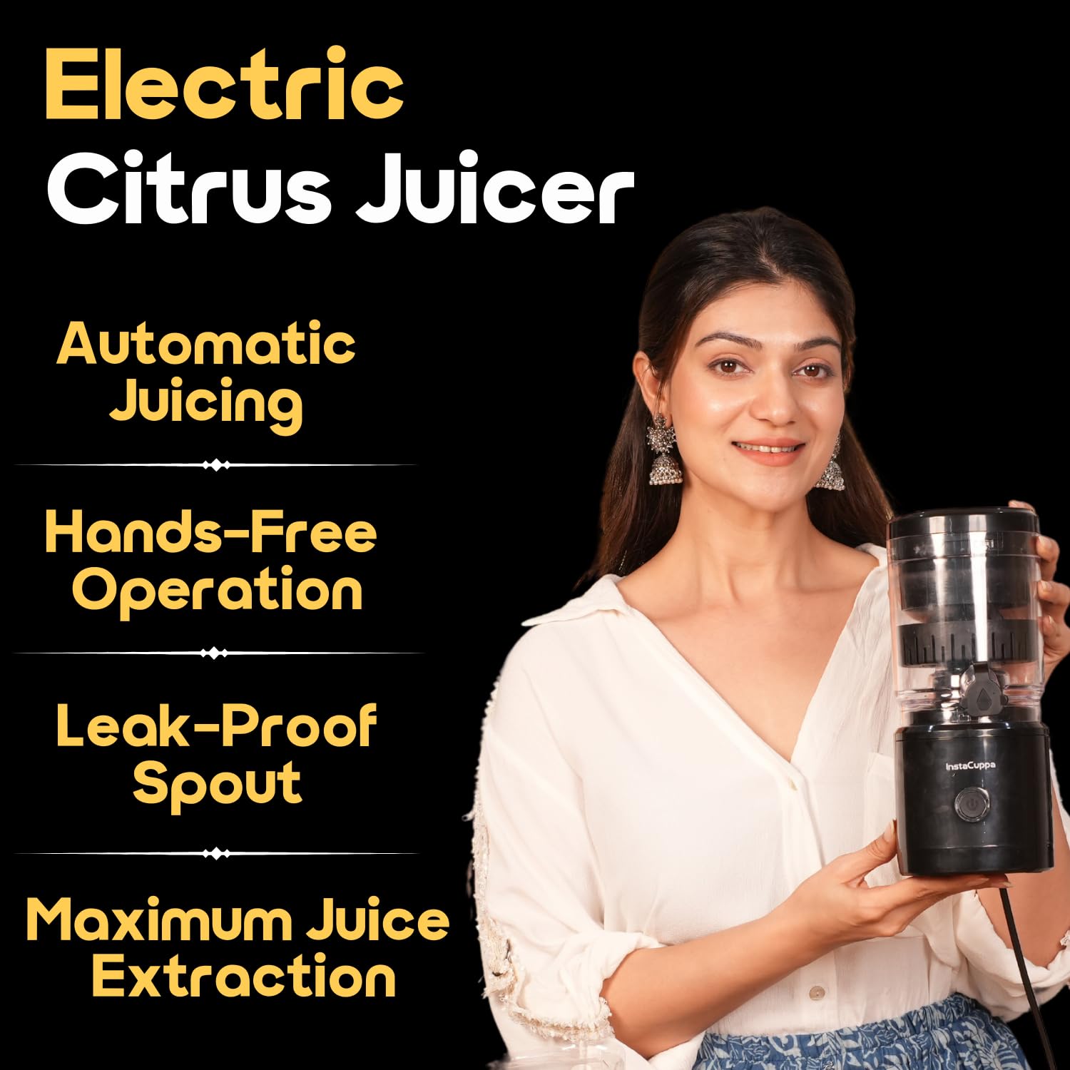 InstaCuppa Electric Citrus Juicer, 90-Watt Motor, Automatic Juicing, Hands-Free One-Button Operation, BPA-Free, 250ml Reservoir, Compact Design for Lemons, Oranges, Sweet Lime