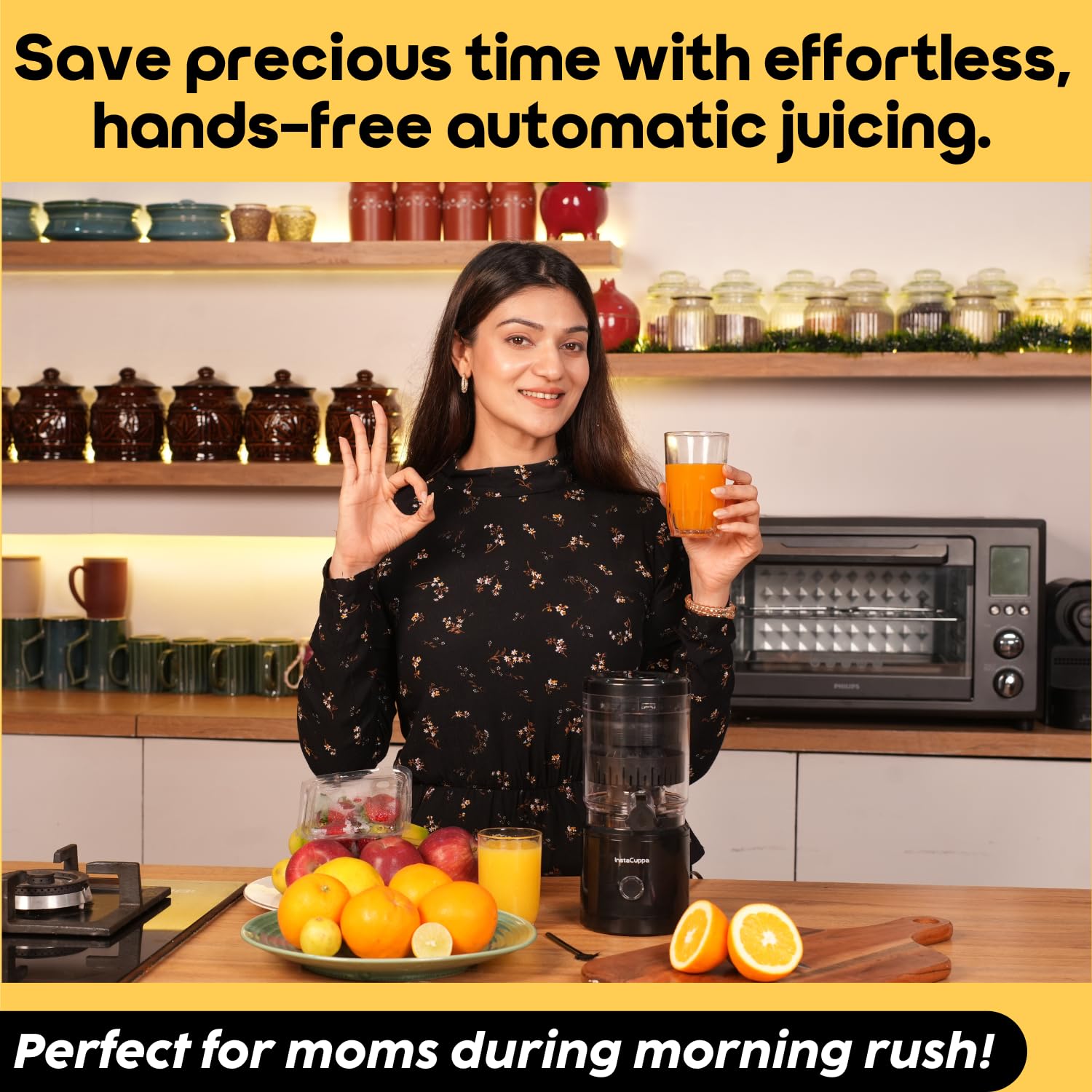 InstaCuppa Electric Citrus Juicer, 90-Watt Motor, Automatic Juicing, Hands-Free One-Button Operation, BPA-Free, 250ml Reservoir, Compact Design for Lemons, Oranges, Sweet Lime