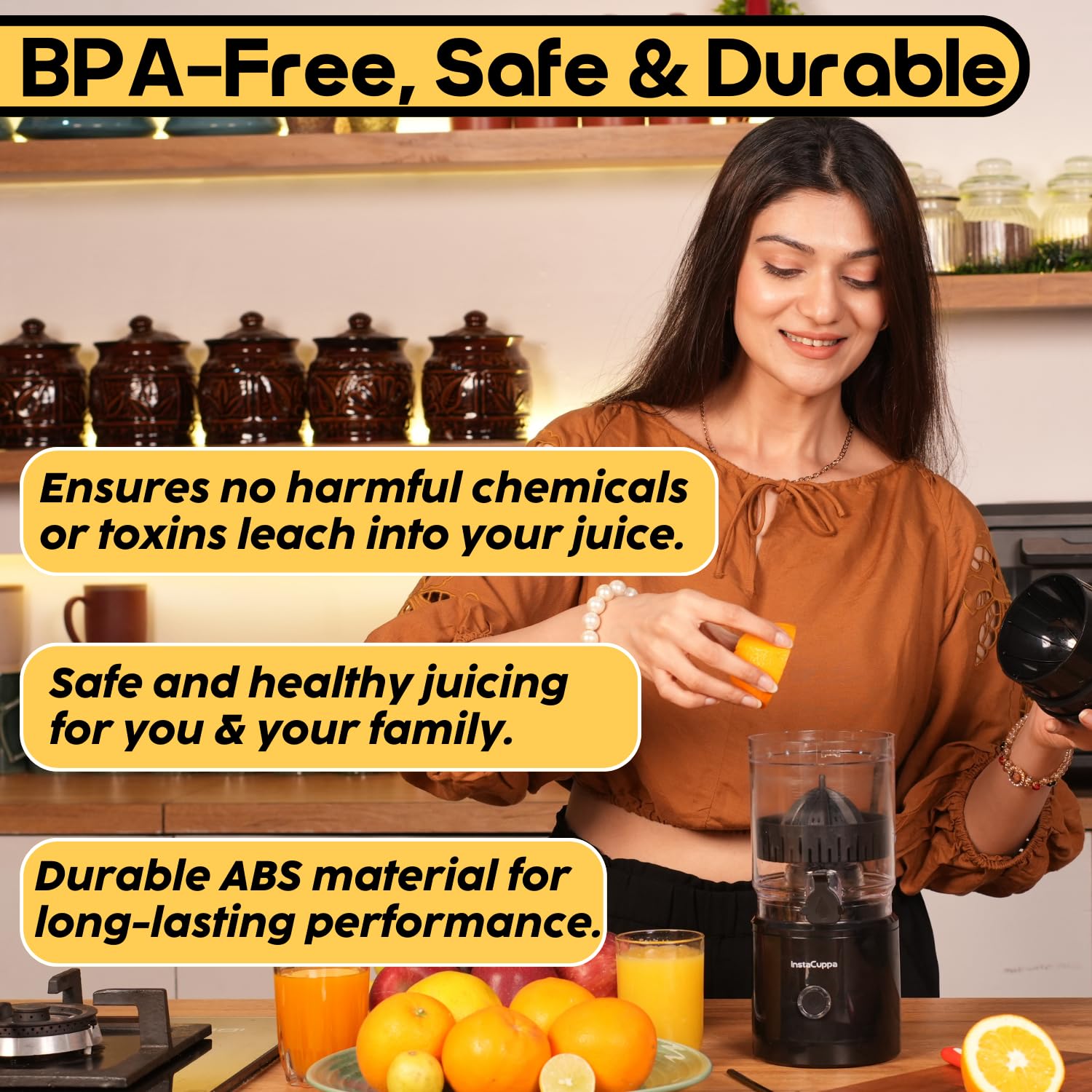 InstaCuppa Electric Citrus Juicer, 90-Watt Motor, Automatic Juicing, Hands-Free One-Button Operation, BPA-Free, 250ml Reservoir, Compact Design for Lemons, Oranges, Sweet Lime
