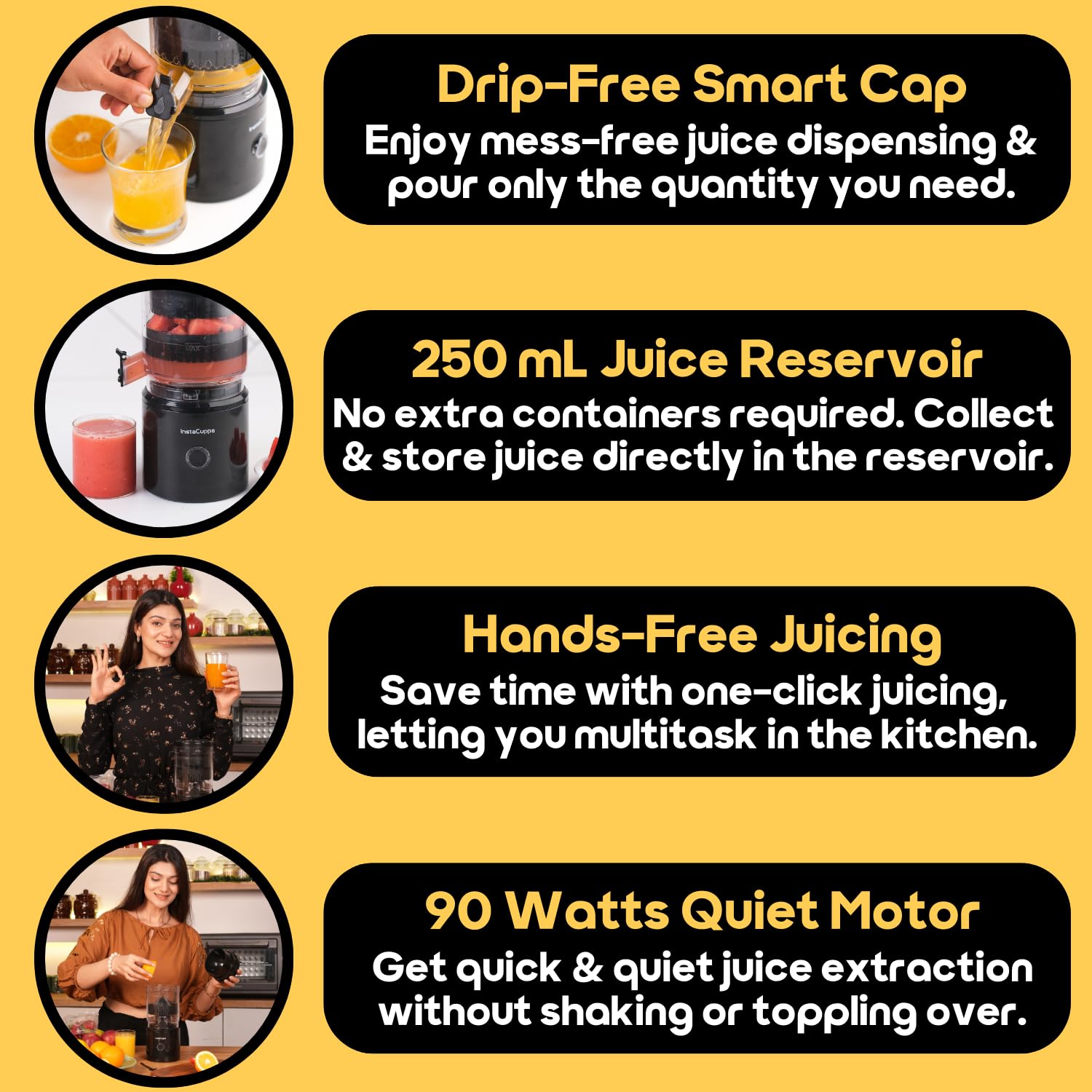 InstaCuppa Electric Citrus Juicer, 90-Watt Motor, Automatic Juicing, Hands-Free One-Button Operation, BPA-Free, 250ml Reservoir, Compact Design for Lemons, Oranges, Sweet Lime