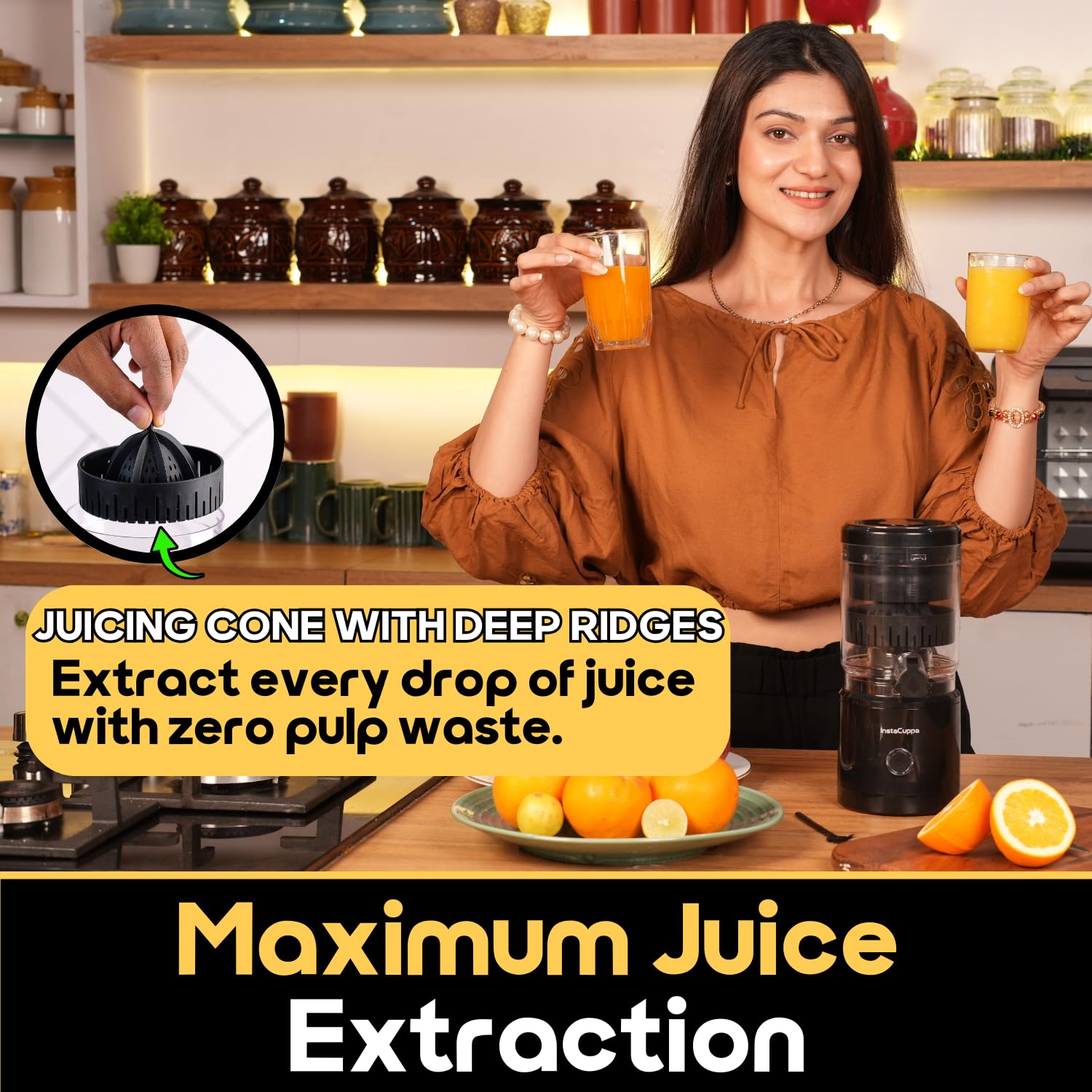 InstaCuppa Electric Citrus Juicer, 90-Watt Motor, Automatic Juicing, Hands-Free One-Button Operation, BPA-Free, 250ml Reservoir, Compact Design for Lemons, Oranges, Sweet Lime