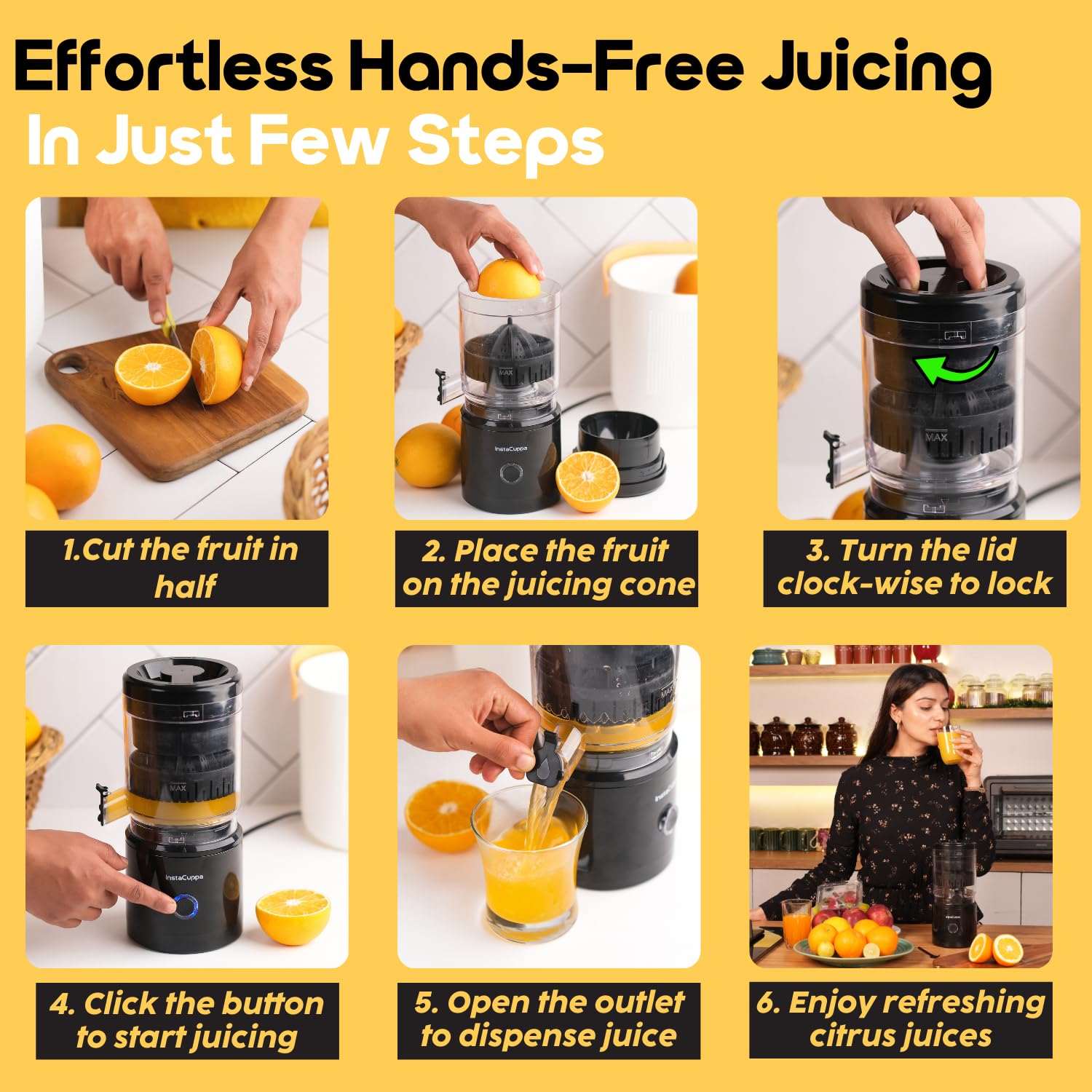 InstaCuppa Electric Citrus Juicer, 90-Watt Motor, Automatic Juicing, Hands-Free One-Button Operation, BPA-Free, 250ml Reservoir, Compact Design for Lemons, Oranges, Sweet Lime