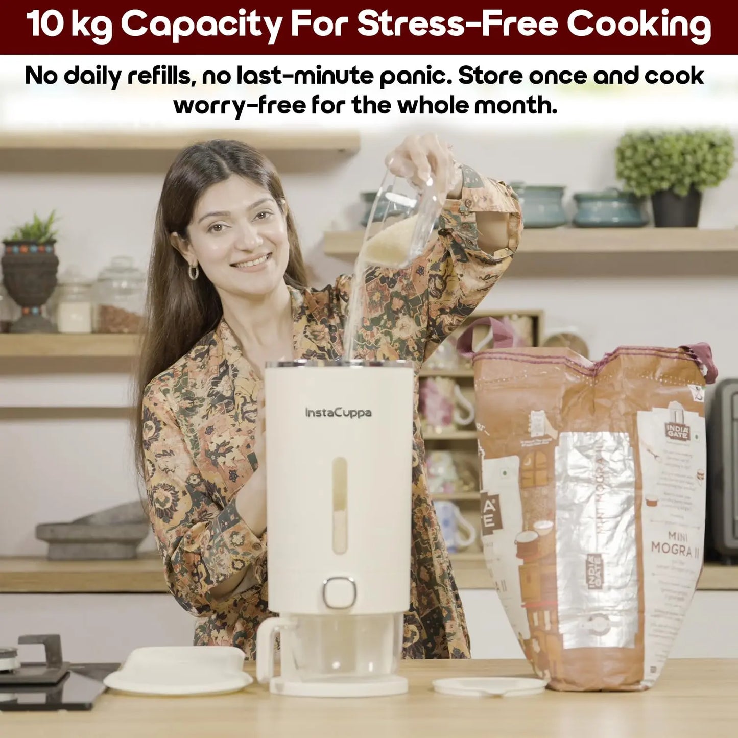 InstaCuppa large capacity rice bin 10kg storage volume, holds full bag of rice or dal, for monthly grocery storage needs