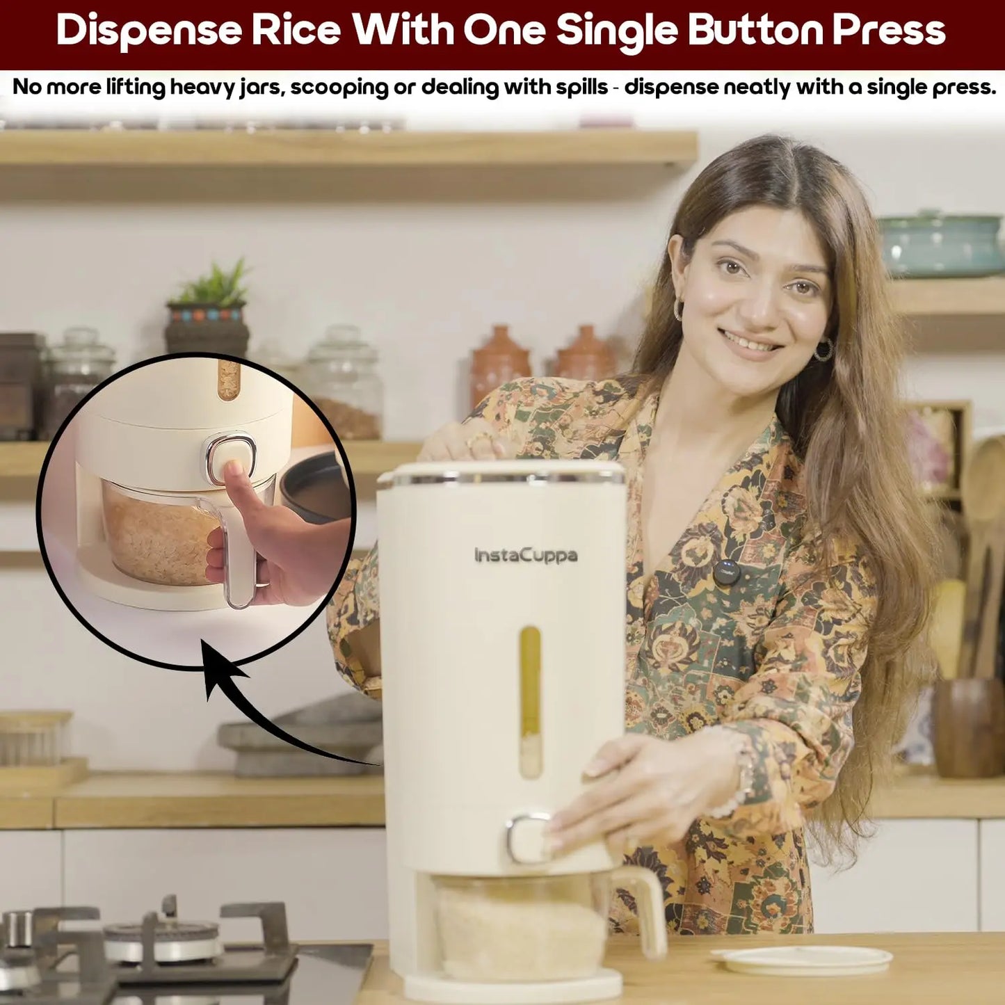 InstaCuppa automatic rice dispenser 10kg single-button press mechanism, spill-free dispensing, for mess-free daily meal prep