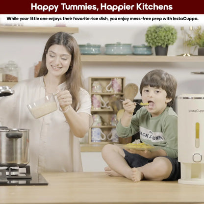 InstaCuppa plastic dry grain dispenser aesthetic beige finish, clutter-free kitchen organization, for busy moms and joint families