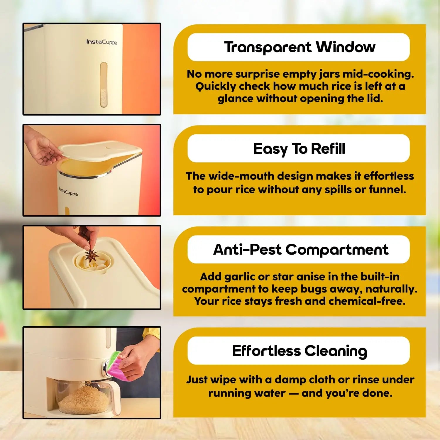 InstaCuppa grain storage container transparent viewing window and wide mouth, easy refill and monitoring, for organized pantry management