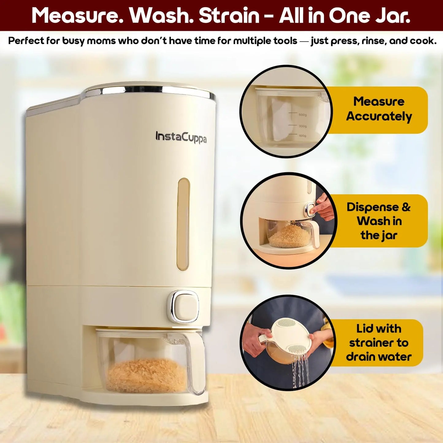 InstaCuppa smart measuring cup with integrated strainer and handle, soak wash and drain directly, for convenient multitasking cooking