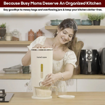 InstaCuppa plastic dry grain dispenser aesthetic beige finish, clutter-free kitchen organization, for busy moms and joint families