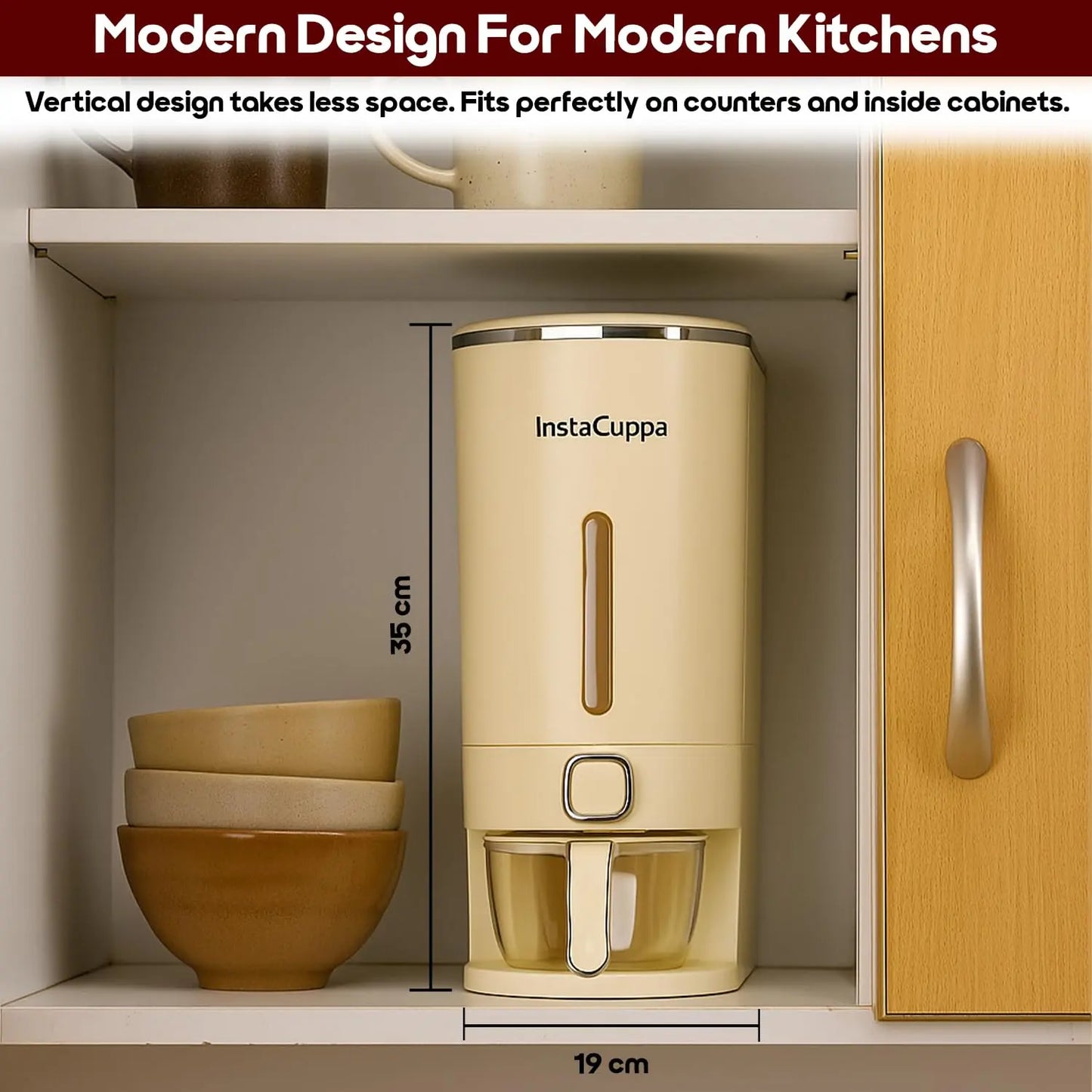 InstaCuppa rice dispenser 10kg vertical sleek design, space-saving storage solution, for small Indian kitchen countertops