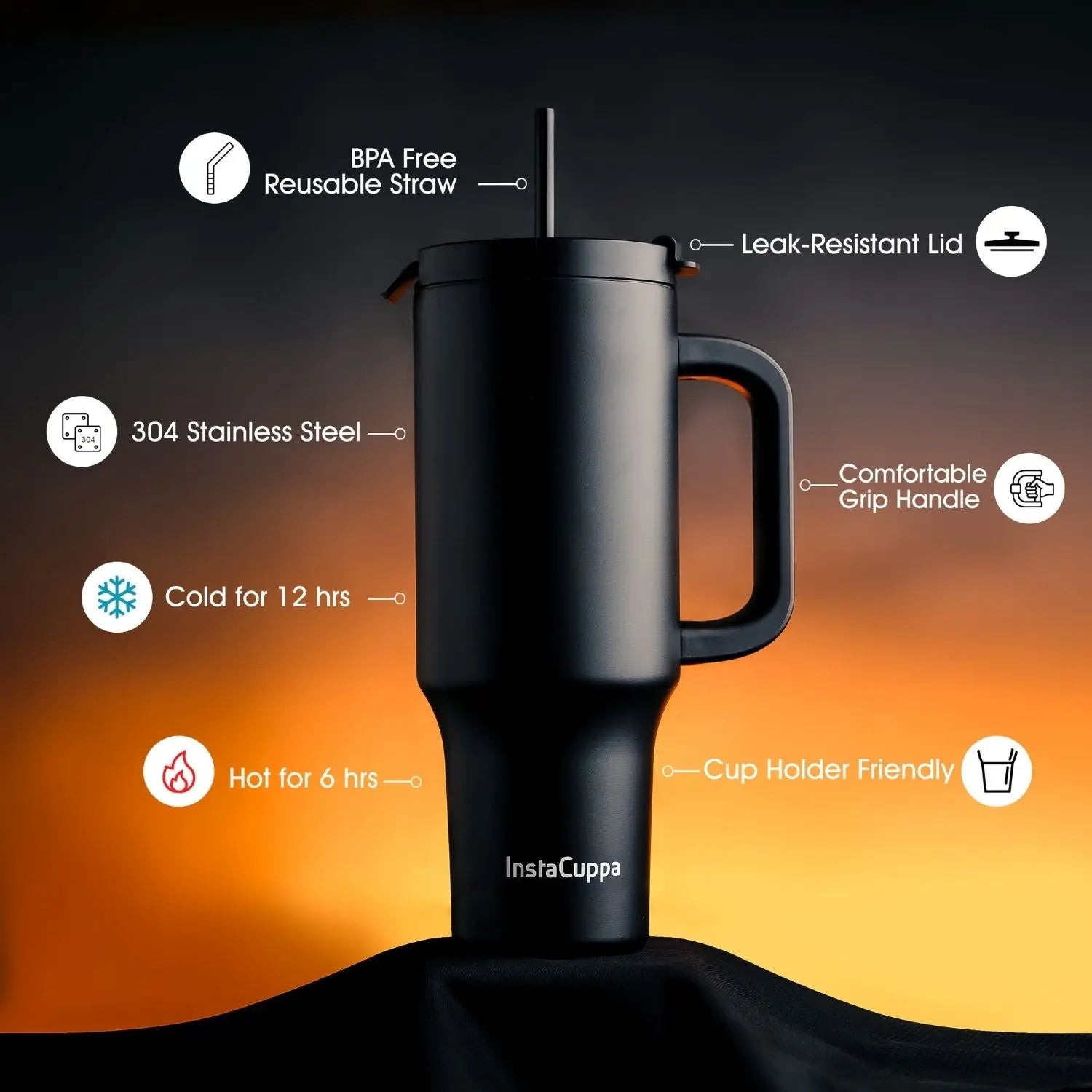 InstaCuppa 1200 mL Insulated Tumbler with Lid, BPA Reusable Straw and Handle - Stainless Steel, Keeps Beverages Hot and Cold, Fits Cup Holders, Ideal for Water, Coffee, Tea, Coffee Mug for Home, Office 
