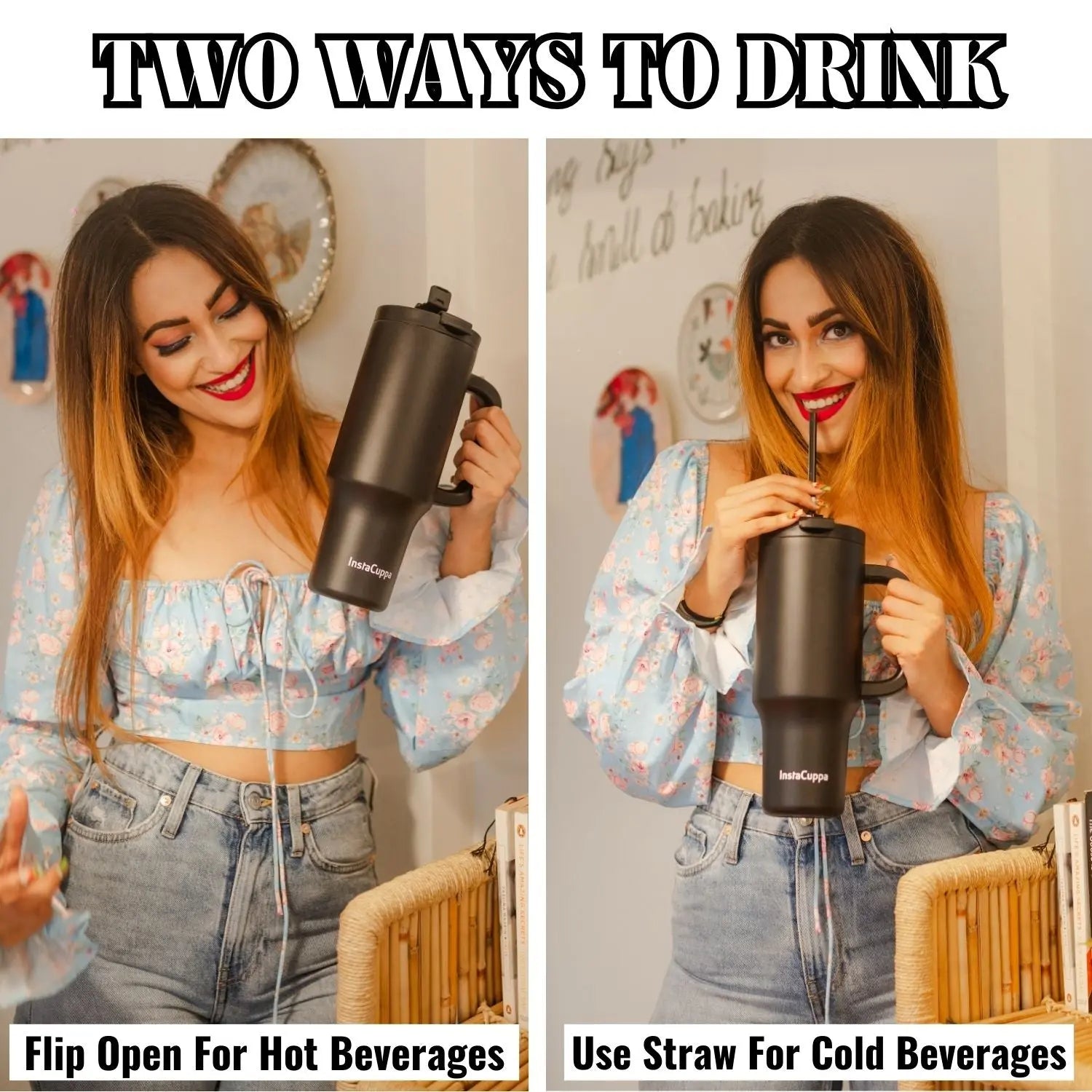 InstaCuppa 1200 mL Insulated Tumbler with Lid, BPA Reusable Straw and Handle - Stainless Steel, Keeps Beverages Hot and Cold, Fits Cup Holders, Ideal for Water, Coffee, Tea, Coffee Mug for Home, Office 