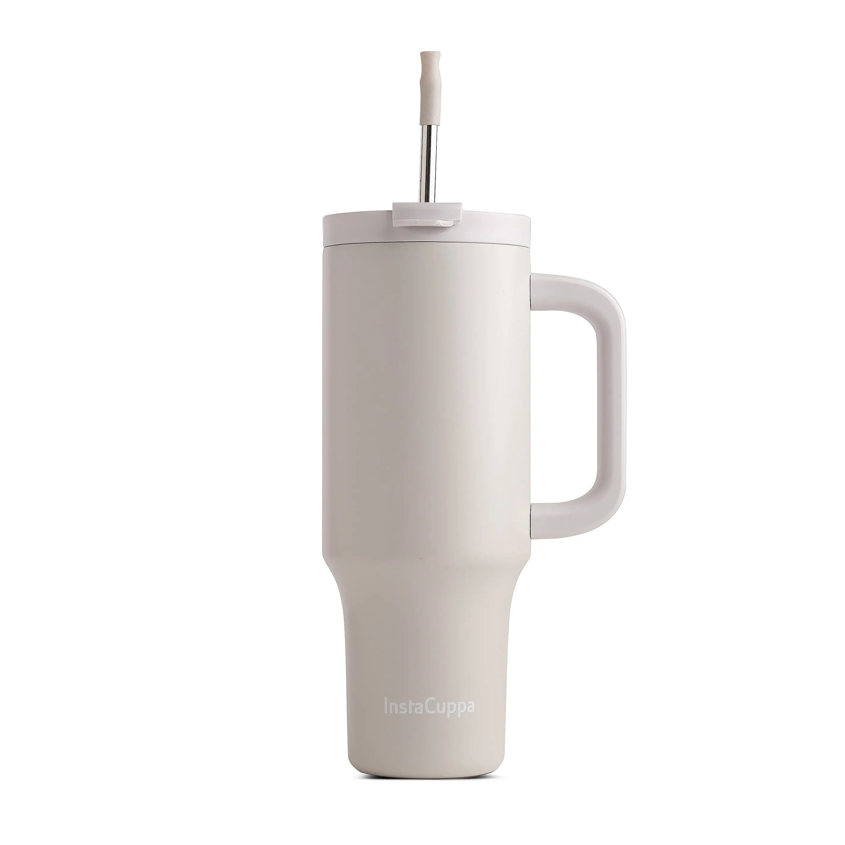 InstaCuppa 1200 mL Insulated Tumbler with Lid, BPA Reusable Straw and Handle - Stainless Steel, Keeps Beverages Hot and Cold, Fits Cup Holders, Ideal for Water, Coffee, Tea, Coffee Mug for Home, Office  1200 ML / White
