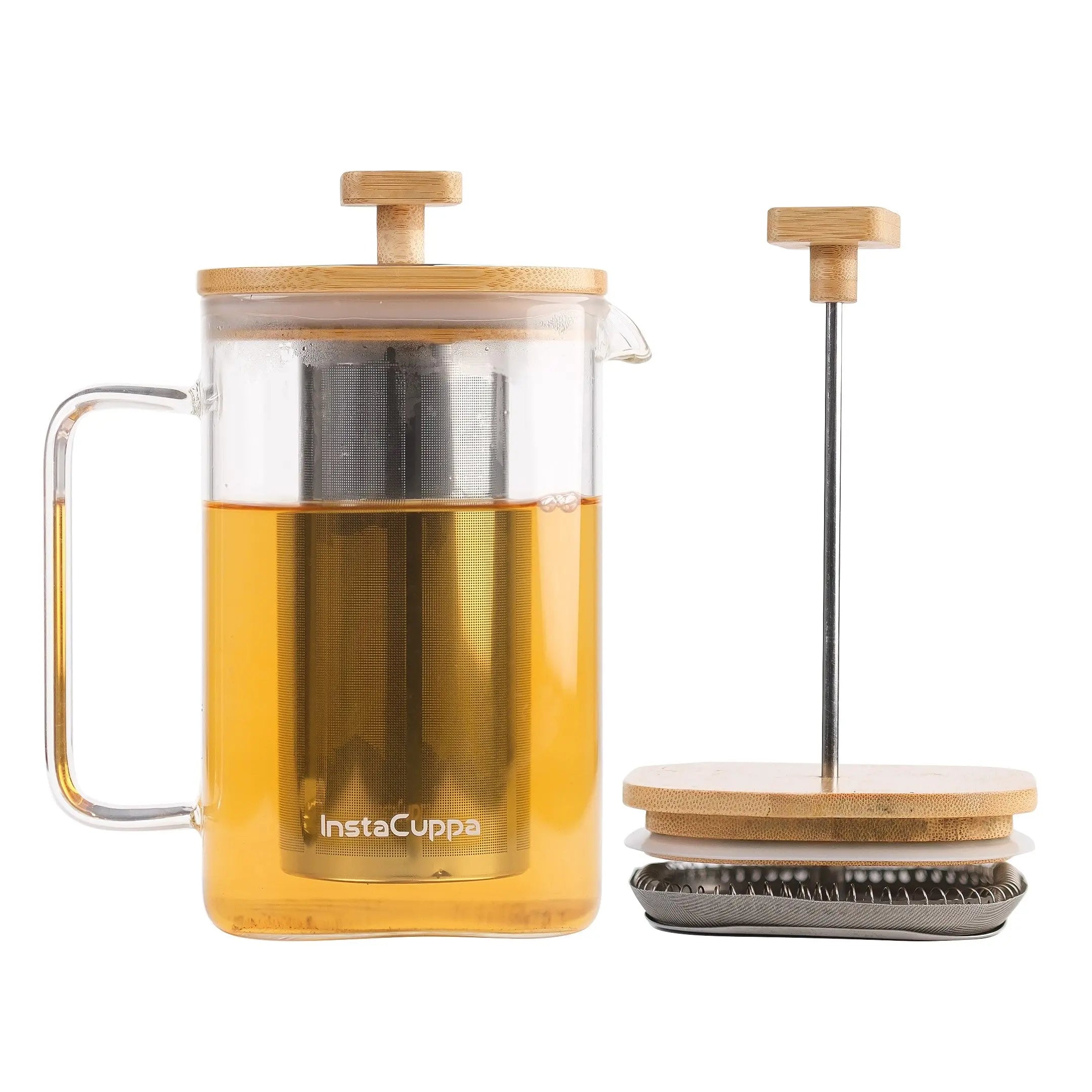 InstaCuppa 2-in-1 French Press & Tea Pot | Borosilicate Glass | Bamboo Lid | 304 Stainless Steel Infuser & Fine Mesh Plunger | For Fresh Coffee & Loose-Leaf Tea | Eco-Friendly, BPA-Free | 600 ml